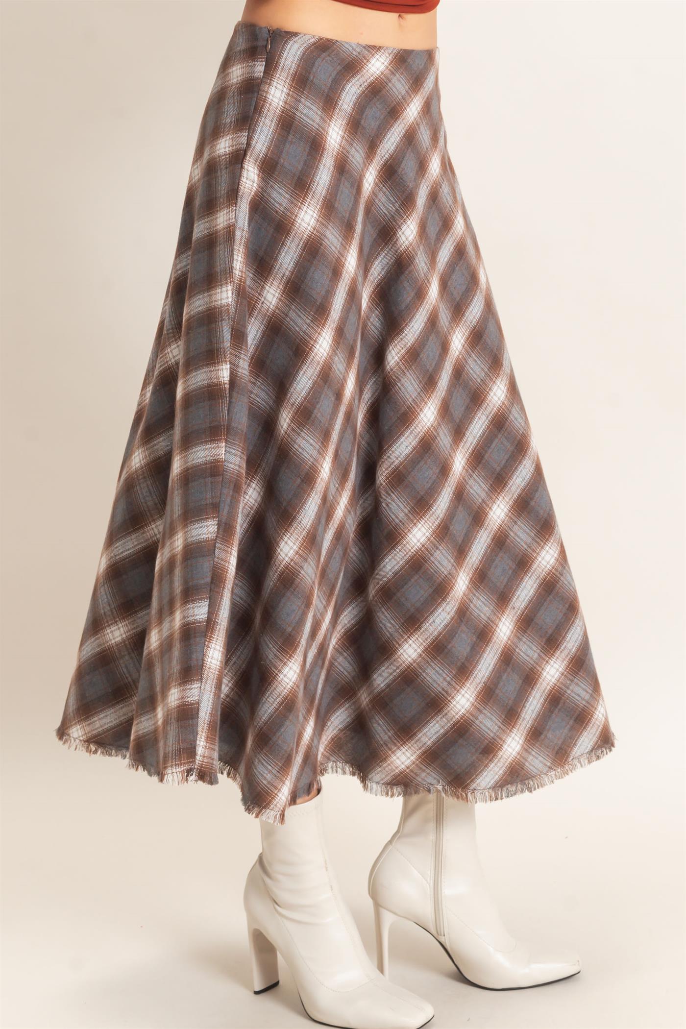 Wholesale A-Line Plaid Frayed Hem Skirt Skirts HF26E972 BROWN HYFVE