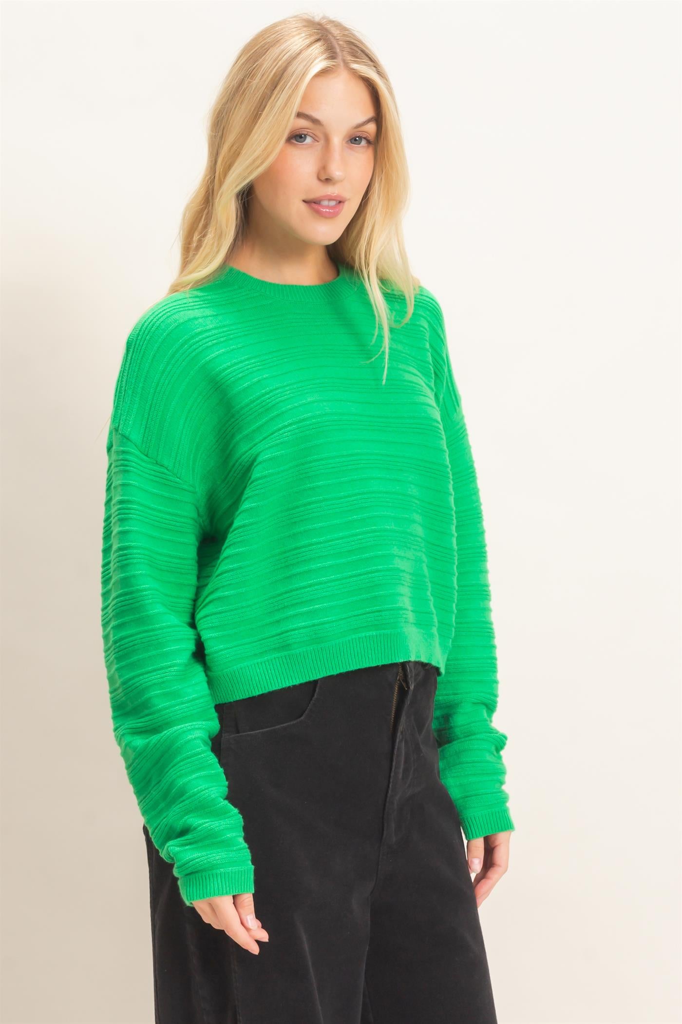 Wholesale Textured Crew Neck Sweater Sweaters HF26F196 GREEN HYFVE