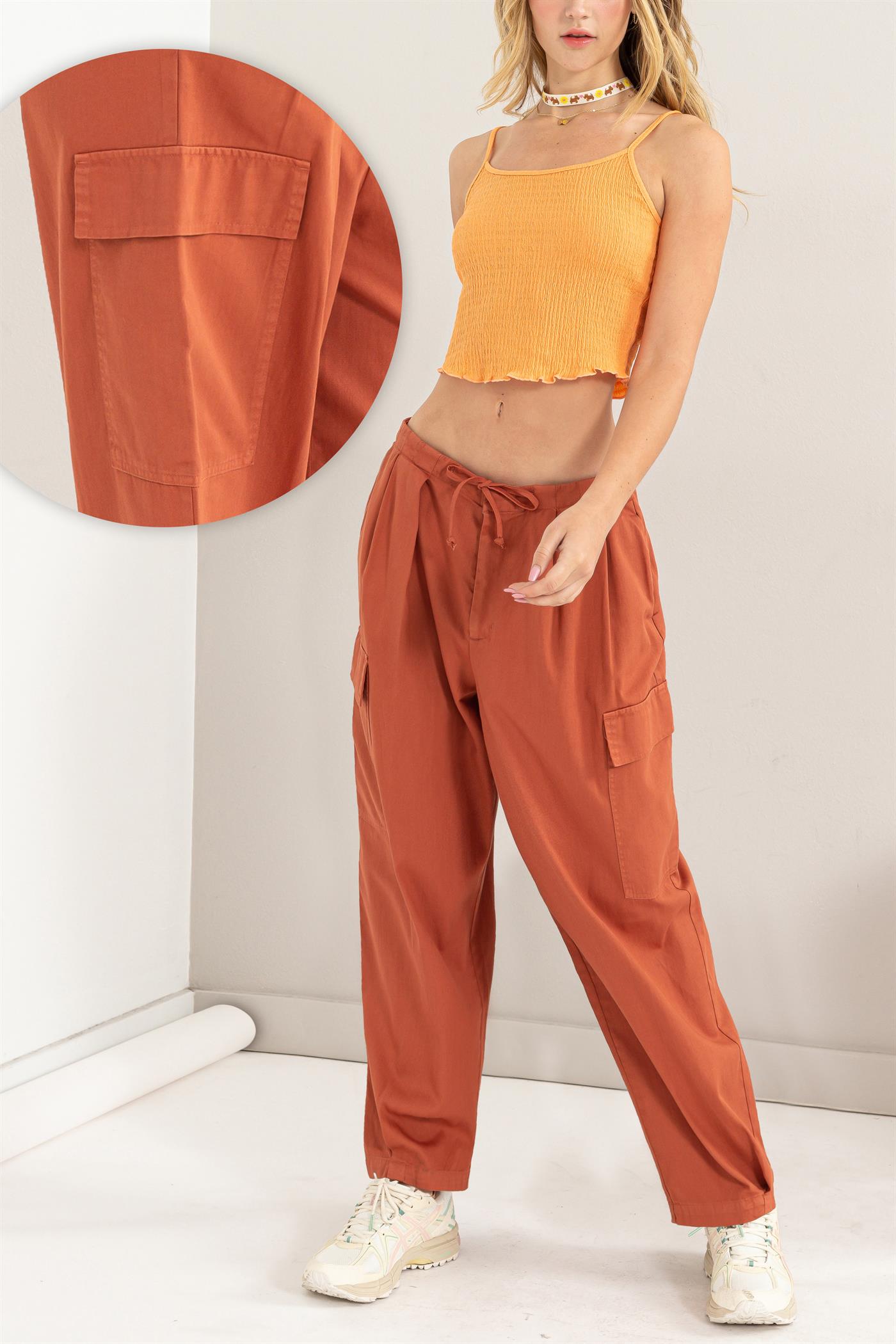 Wholesale High Waist Drawstring Cargo Pants Pants DZ24A650 BAKED CLAY DOUBLE ZERO