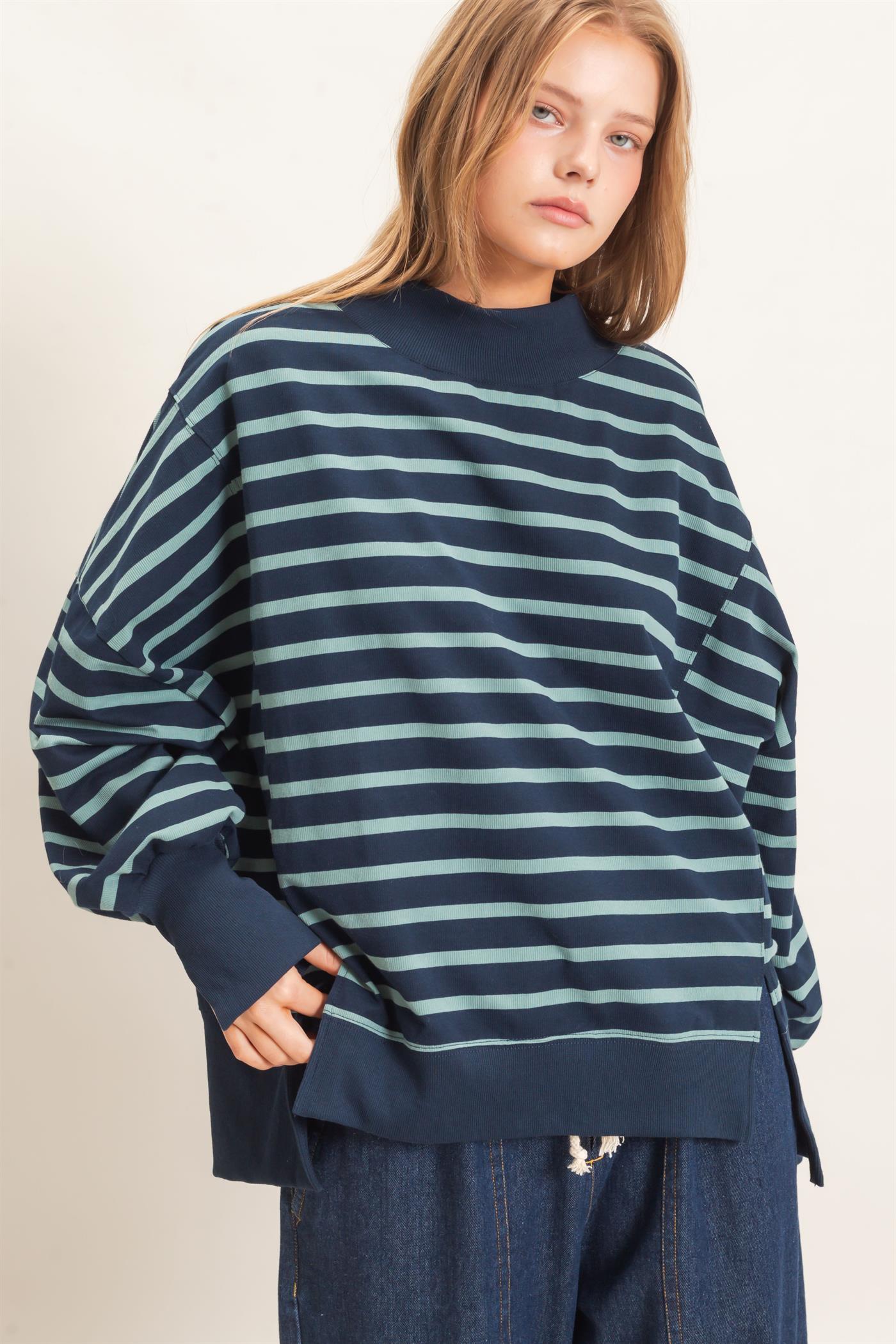 Wholesale Striped Mock Neck Sweatshirt Sweatshirts HF27A178-D NAVY/SAGE HYFVE