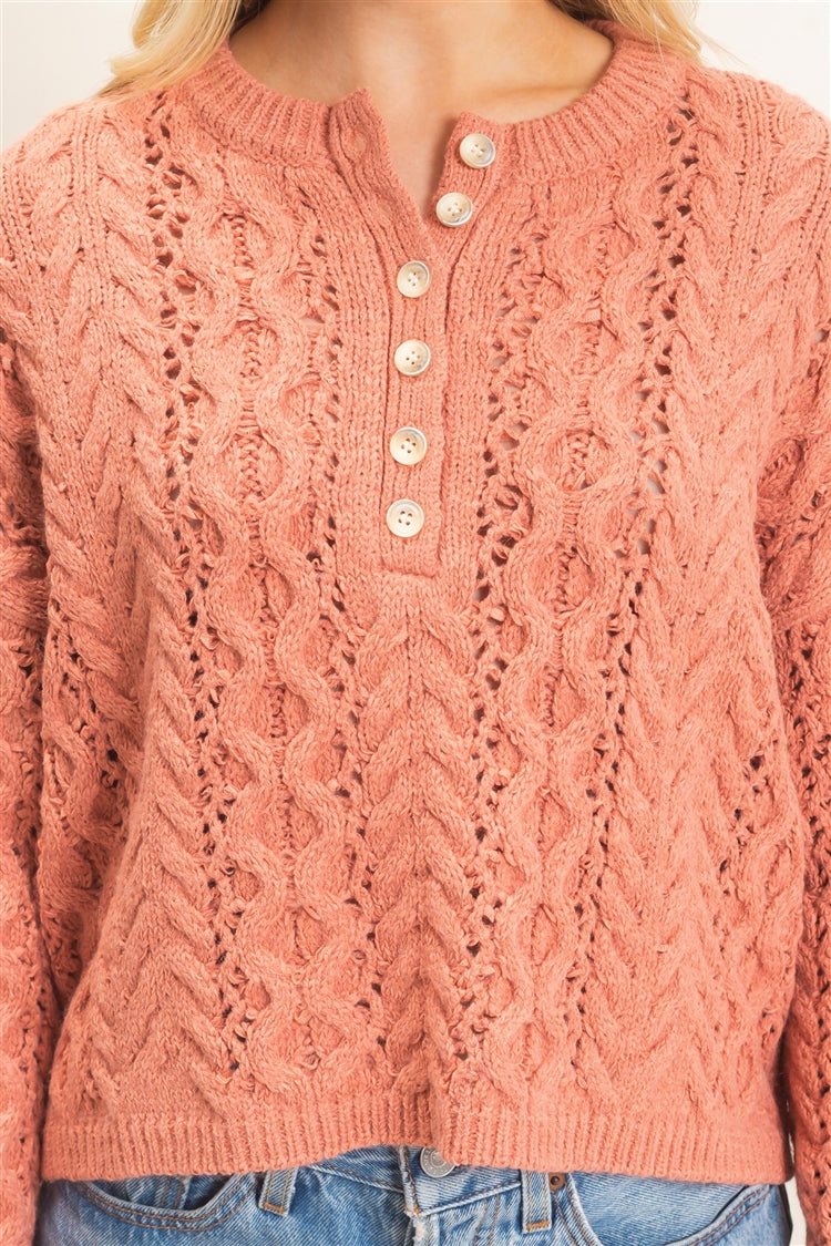 Wholesale Cable Knit Henley Sweaters HF26E552 ROSE PINK HYFVE
