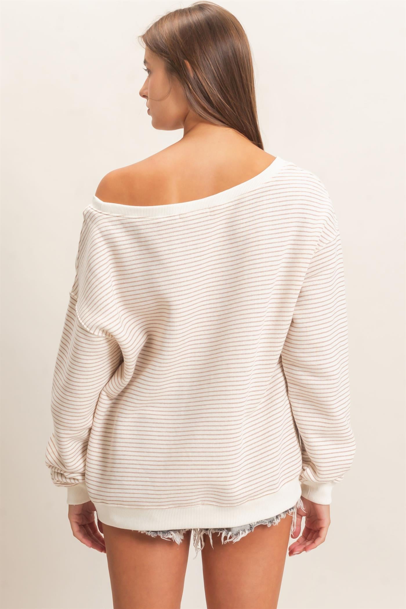 Wholesale Striped Off The Shoulder Sweatshirt Sweatshirts DZ26C881 DARK TAUPE DOUBLE ZERO