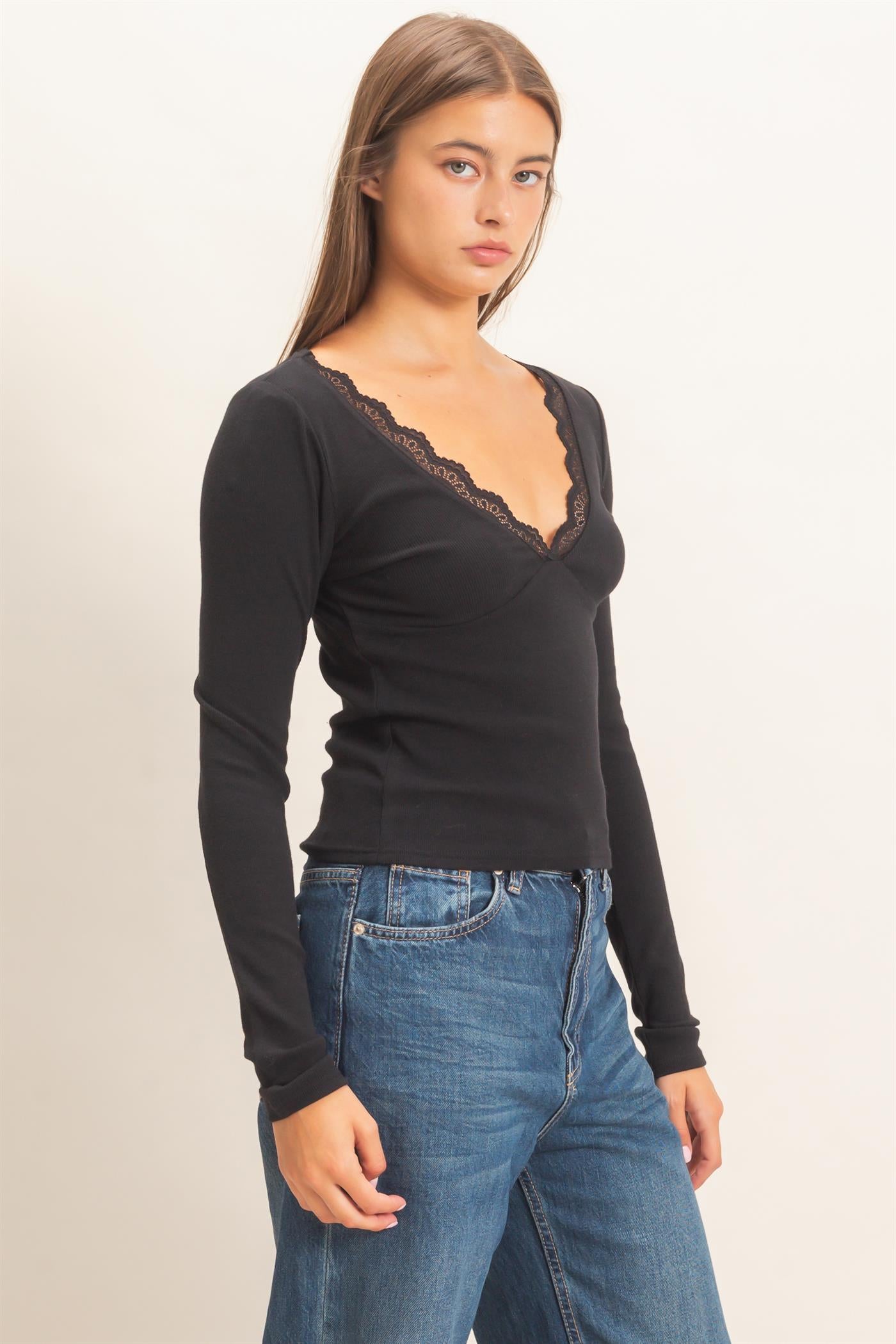 Wholesale Lace Trim V-Neck Top Clothing Tops DZ26E913 BLACK DOUBLE ZERO
