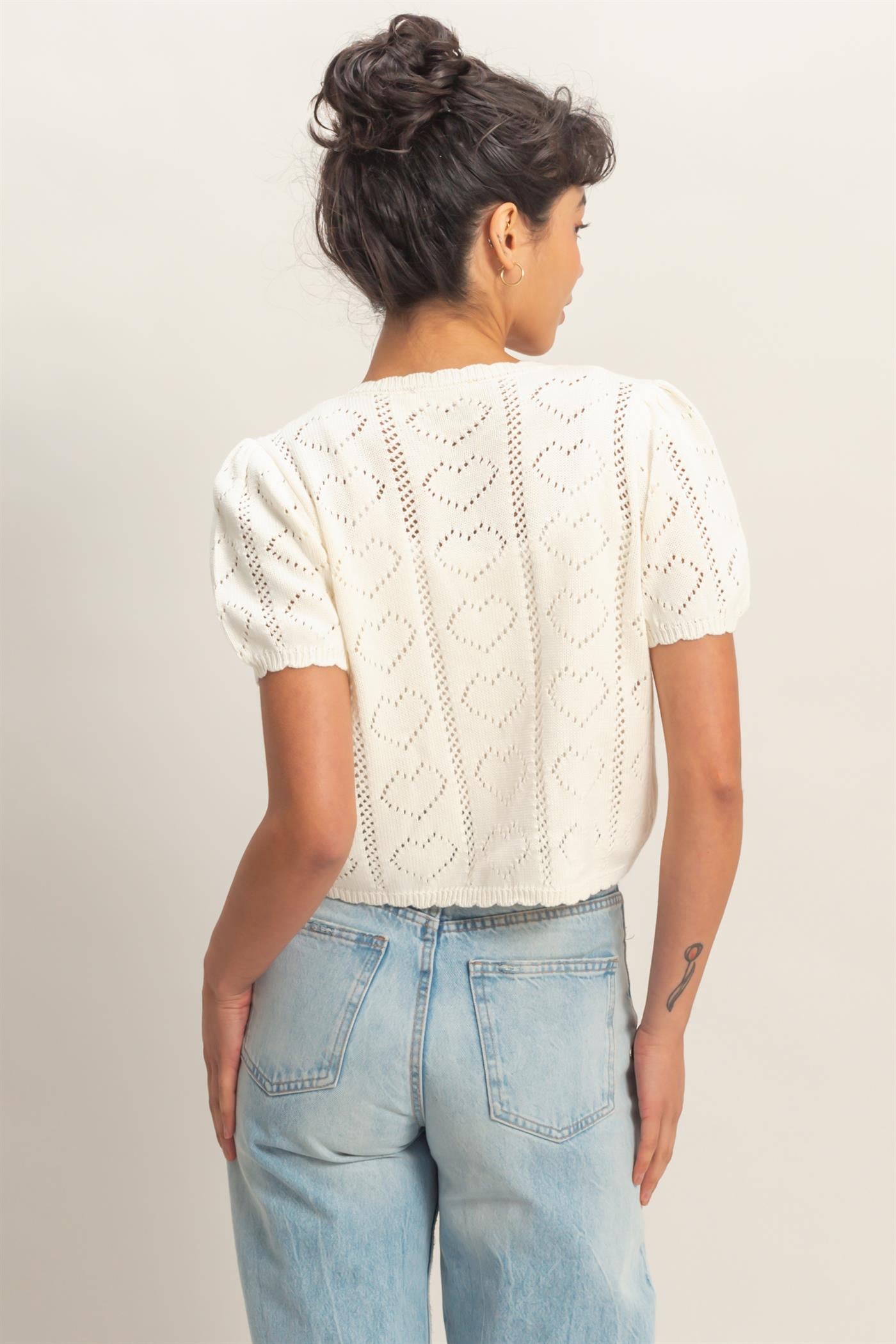 Wholesale Pointelle Knit Puff Sleeve Button Up Cardigan Cardigans DZ26A425 WHIP CREAM HYFVE