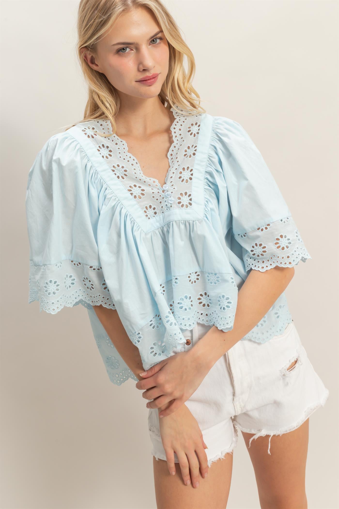 Wholesale Scalloped Eyelet Babydoll Top Clothing Tops HF26C293 LIGHT BLUE HYFVE