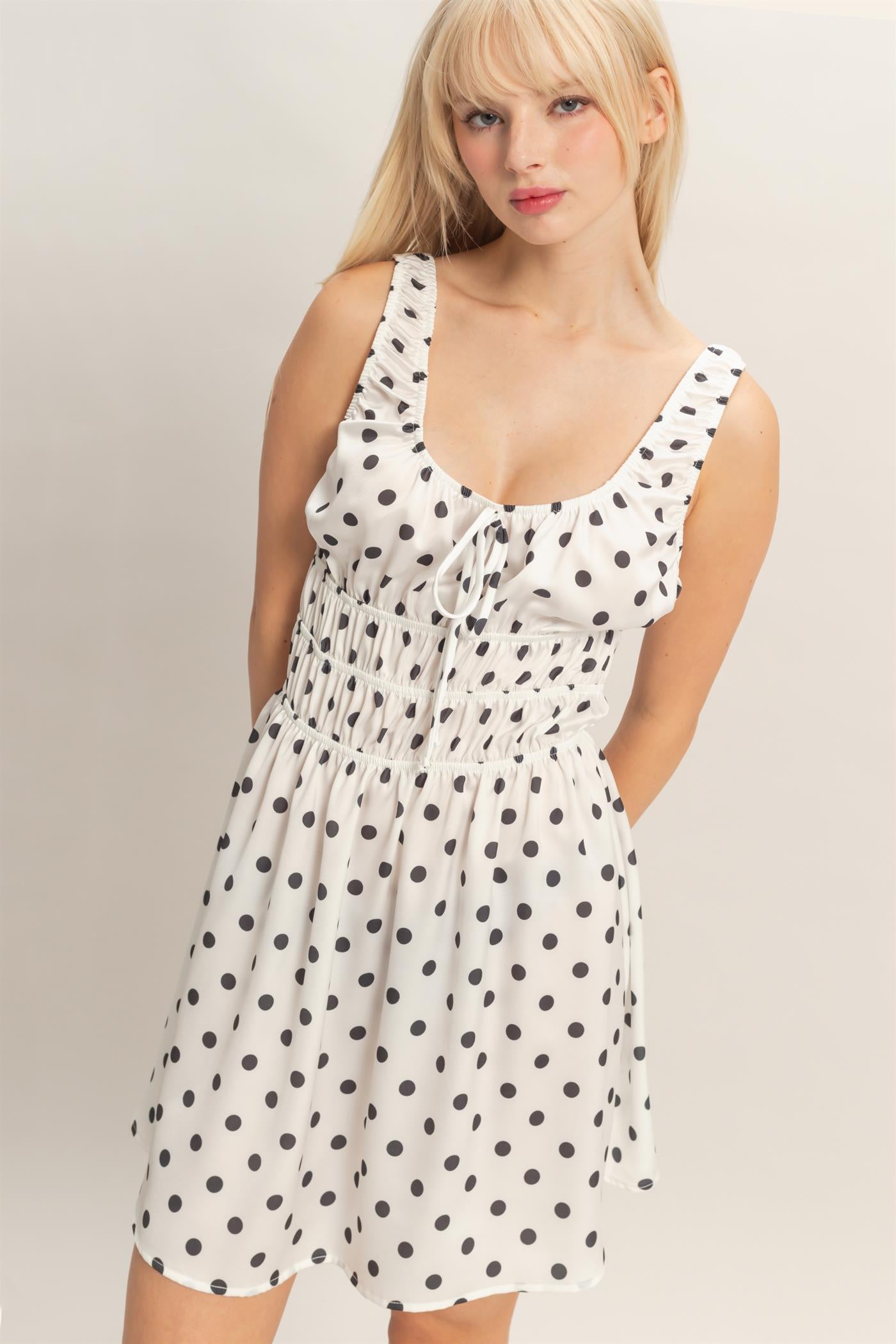 Wholesale Satin Polka Dot Mini Dress With Tie Dresses DZ25E064 WHITE DOUBLE ZERO