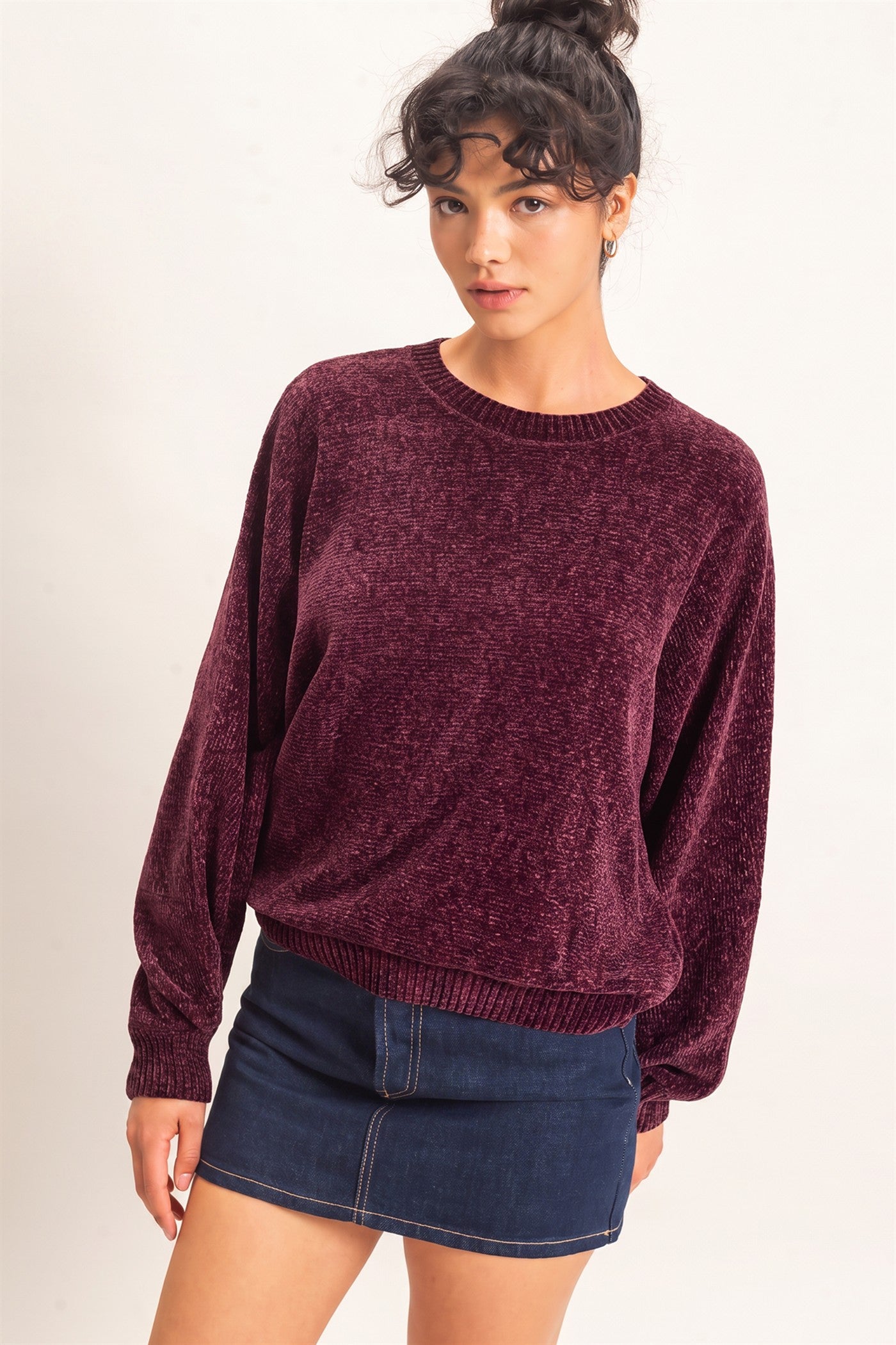 Wholesale Chenille Crew Neck Sweater Sweaters DZ26E264 DARK CHERRY DOUBLE ZERO