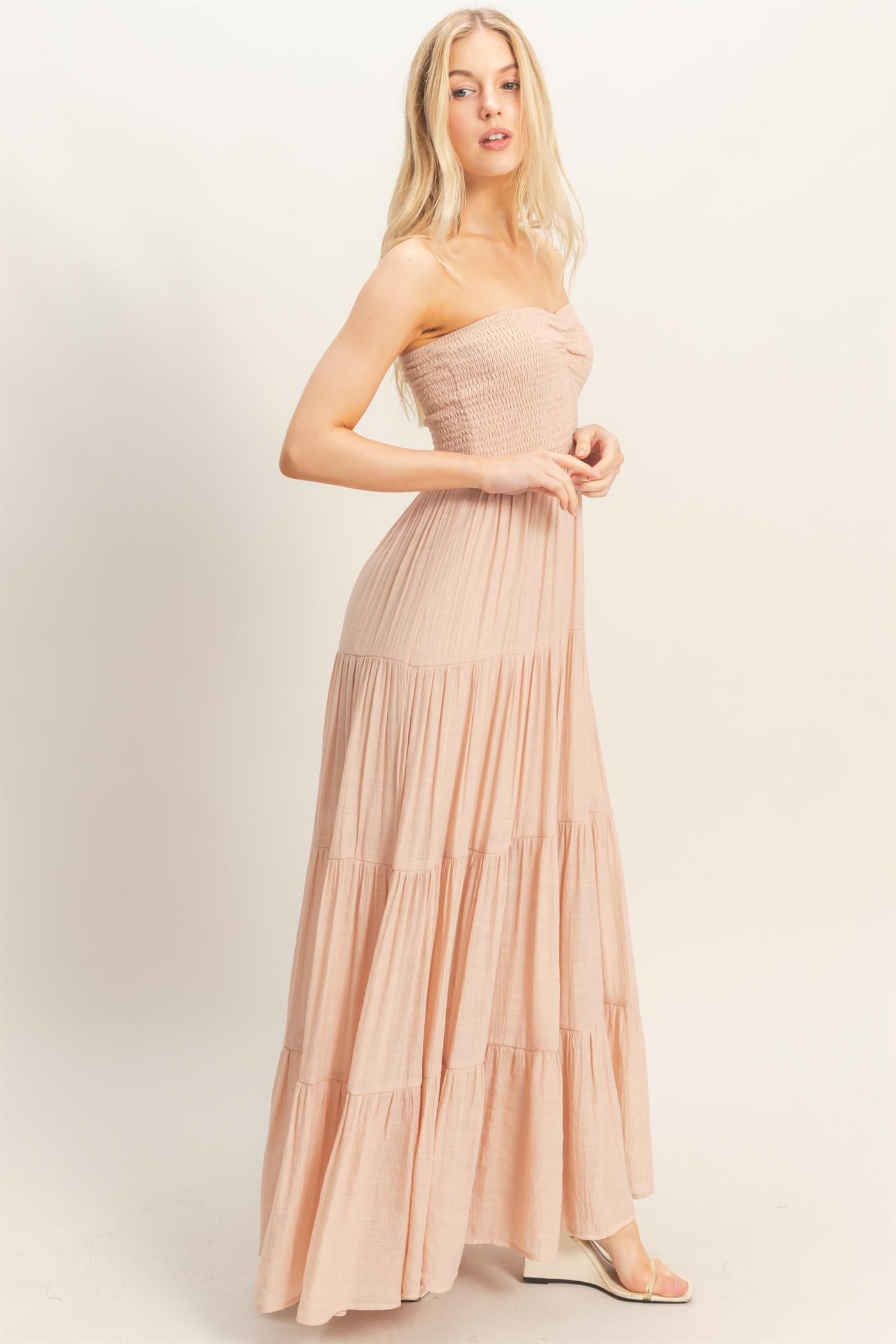 Wholesale Smocked Elastic Neck Maxi Dress Dresses HF26C284-D ALMOND HYFVE