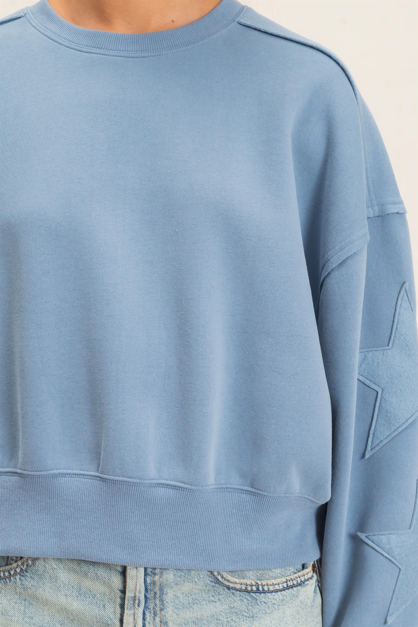 Wholesale Star Patch Sleeve Sweatshirt Sweatshirts DZ26E888 DUSTY BLUE DOUBLE ZERO