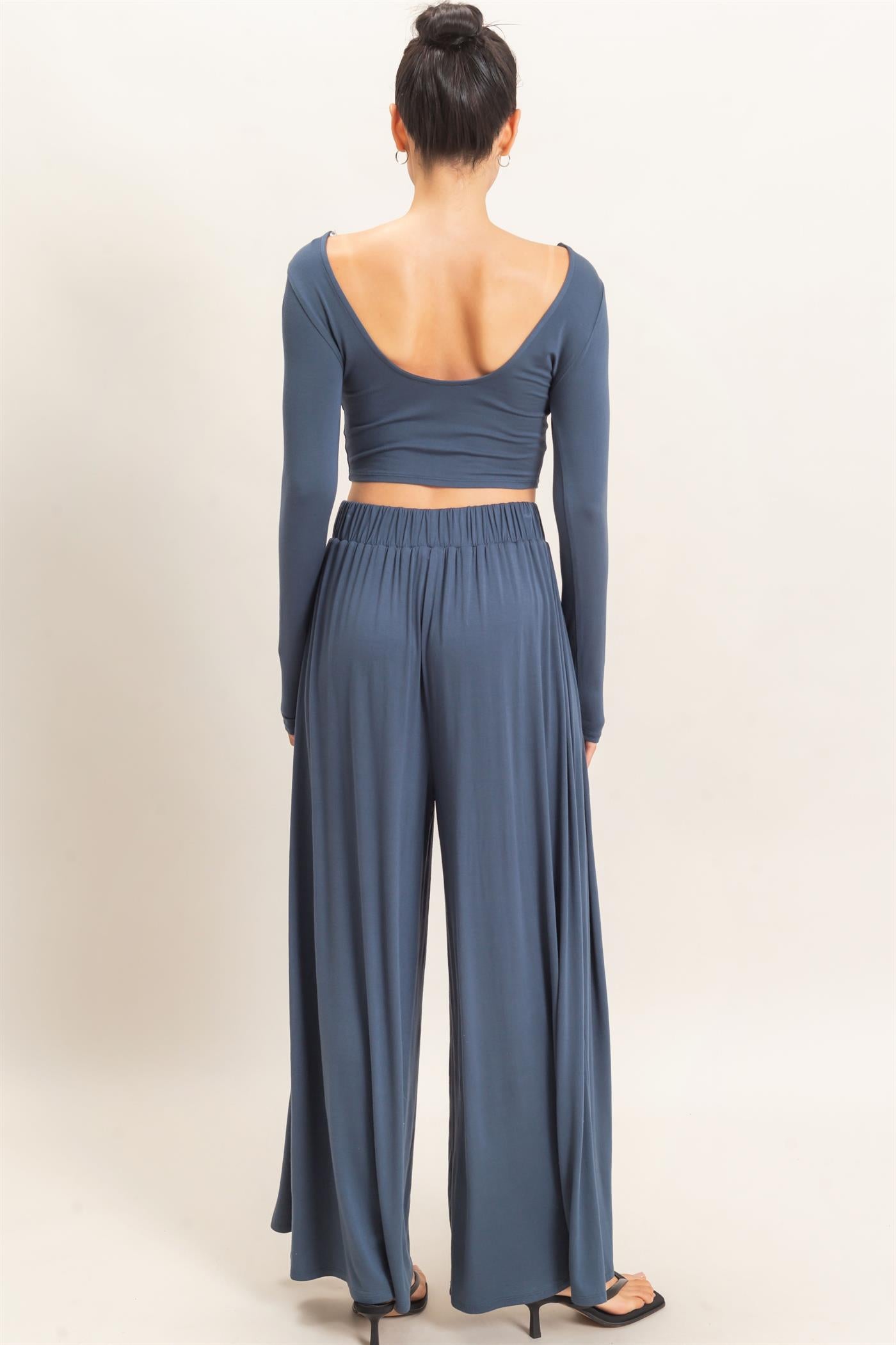 Wholesale Long Sleeve Top & Wide Leg Pants Set Clothing HF26F227-SET-D MIDNIGHT BLUE HYFVE