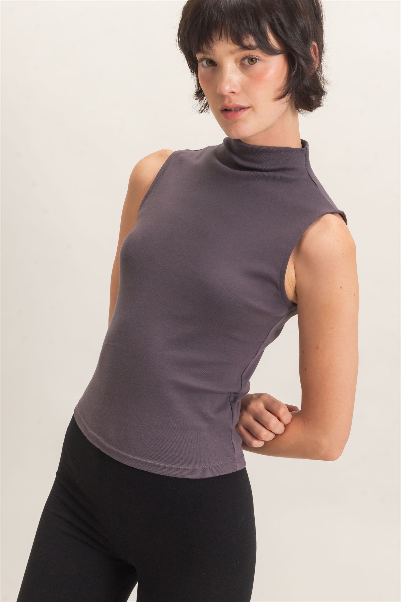 Wholesale Sleeveless Mock Neck Top Clothing Tops DZ26E397 CHARCOAL DOUBLE ZERO