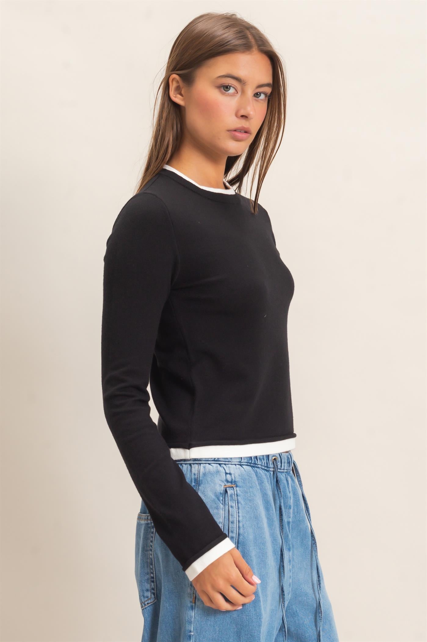 Wholesale Layer Effect Long Sleeve Knit Top Clothing Tops DZ26F394 BLACK DOUBLE ZERO