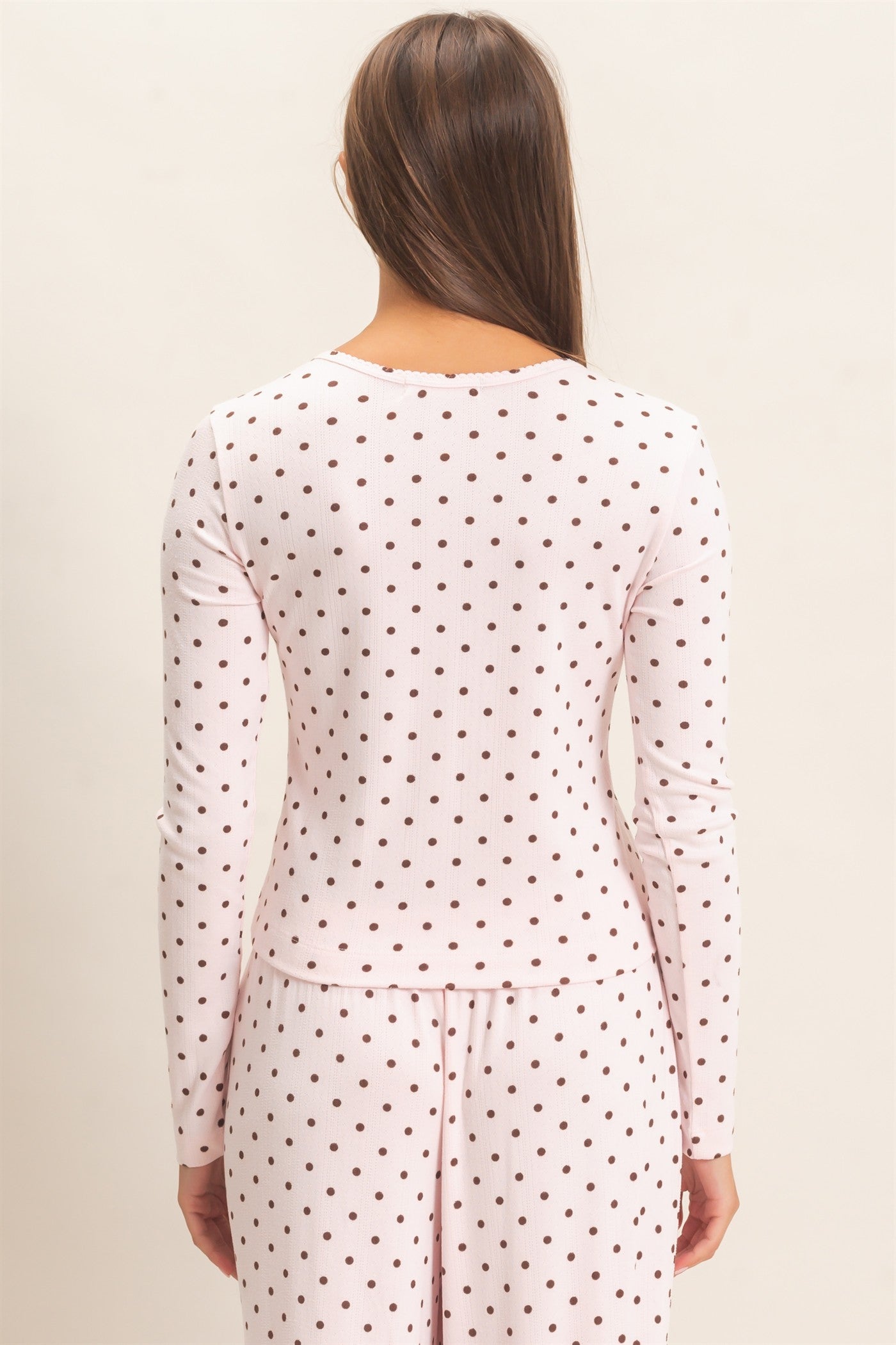 Wholesale Polka Dot Button Front Long Sleeve Top Clothing Tops DZ27A156 LIGHT PINK DOUBLE ZERO