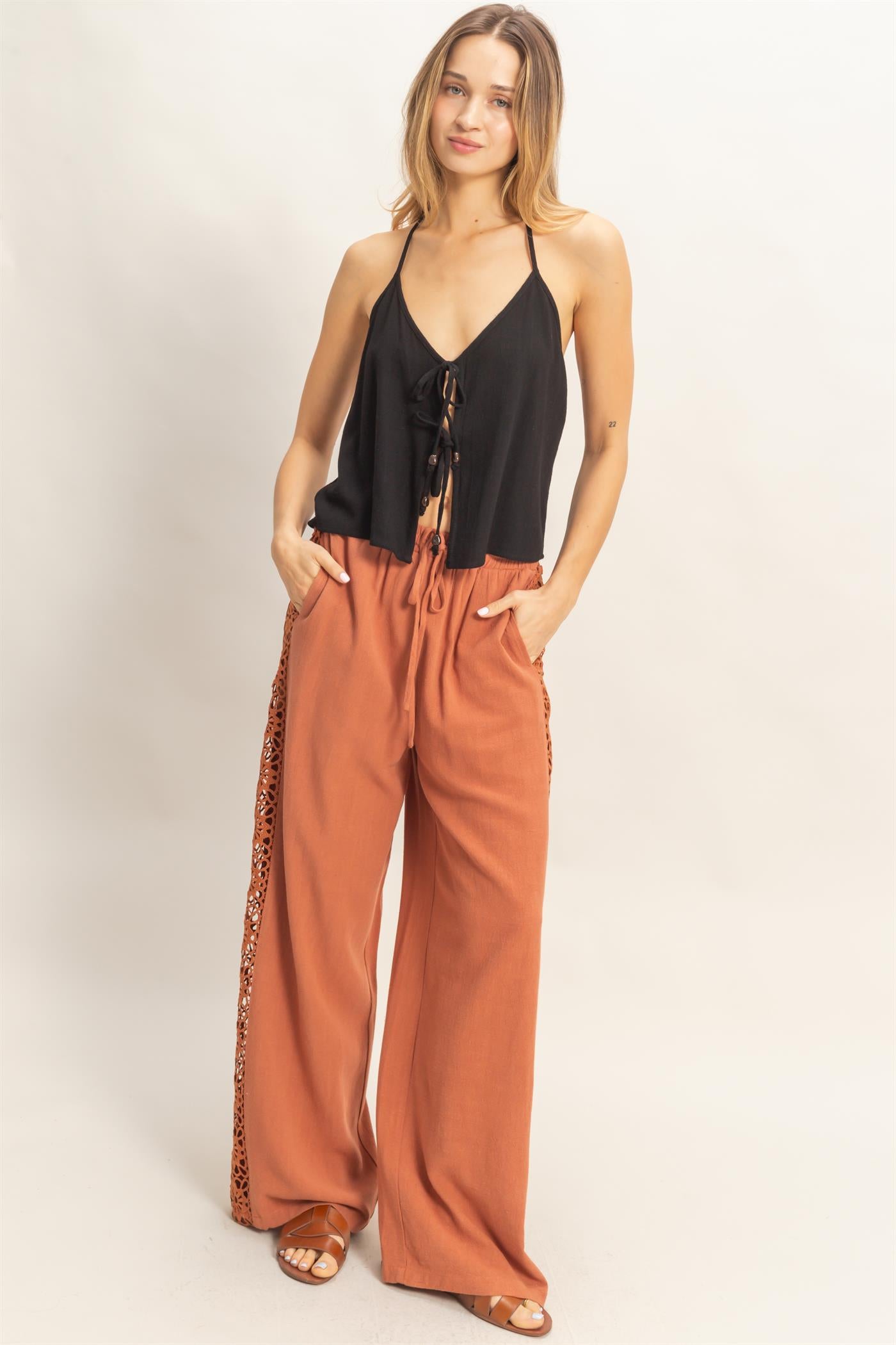 Wholesale Halter Tie Front Top With Beads Detail Blouses HF26A836 BLACK HYFVE