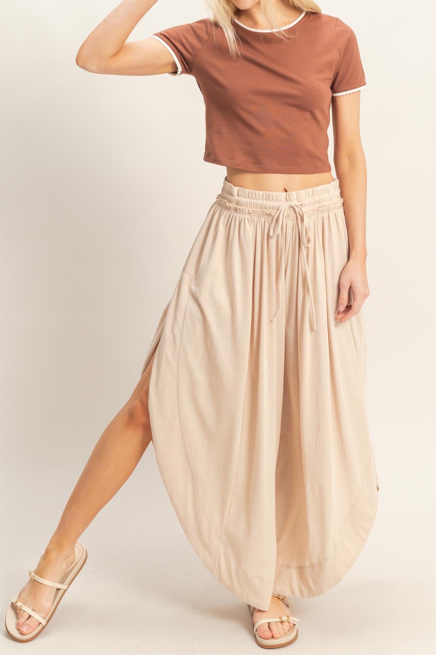 Wholesale Tulip Hem Wide-Leg Pants Pants HF26C047 ALMOND HYFVE