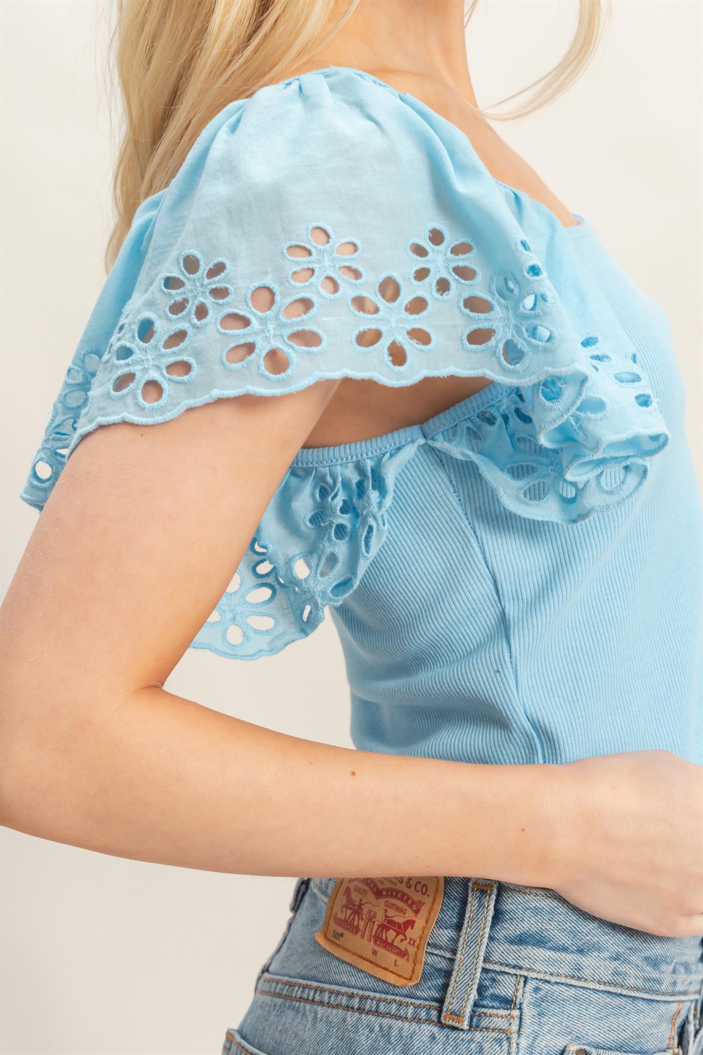 Wholesale Square Neck Eyelet Sleeve Top Clothing Tops HF26A623 BLUE HYFVE