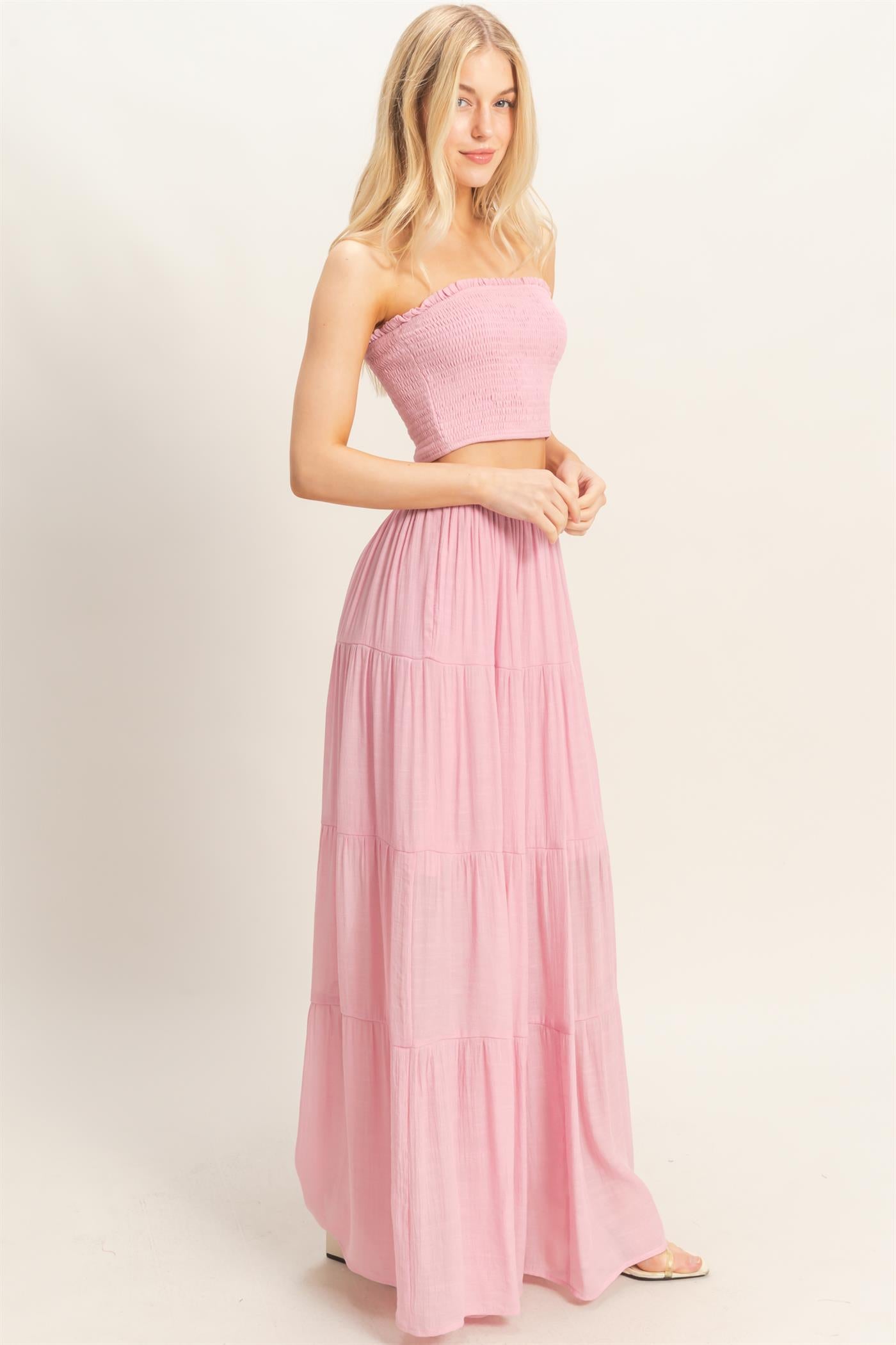 Wholesale Smocked Tube Top & Tiered Skirt Set Clothing HF26C289-SET-D PINK HYFVE