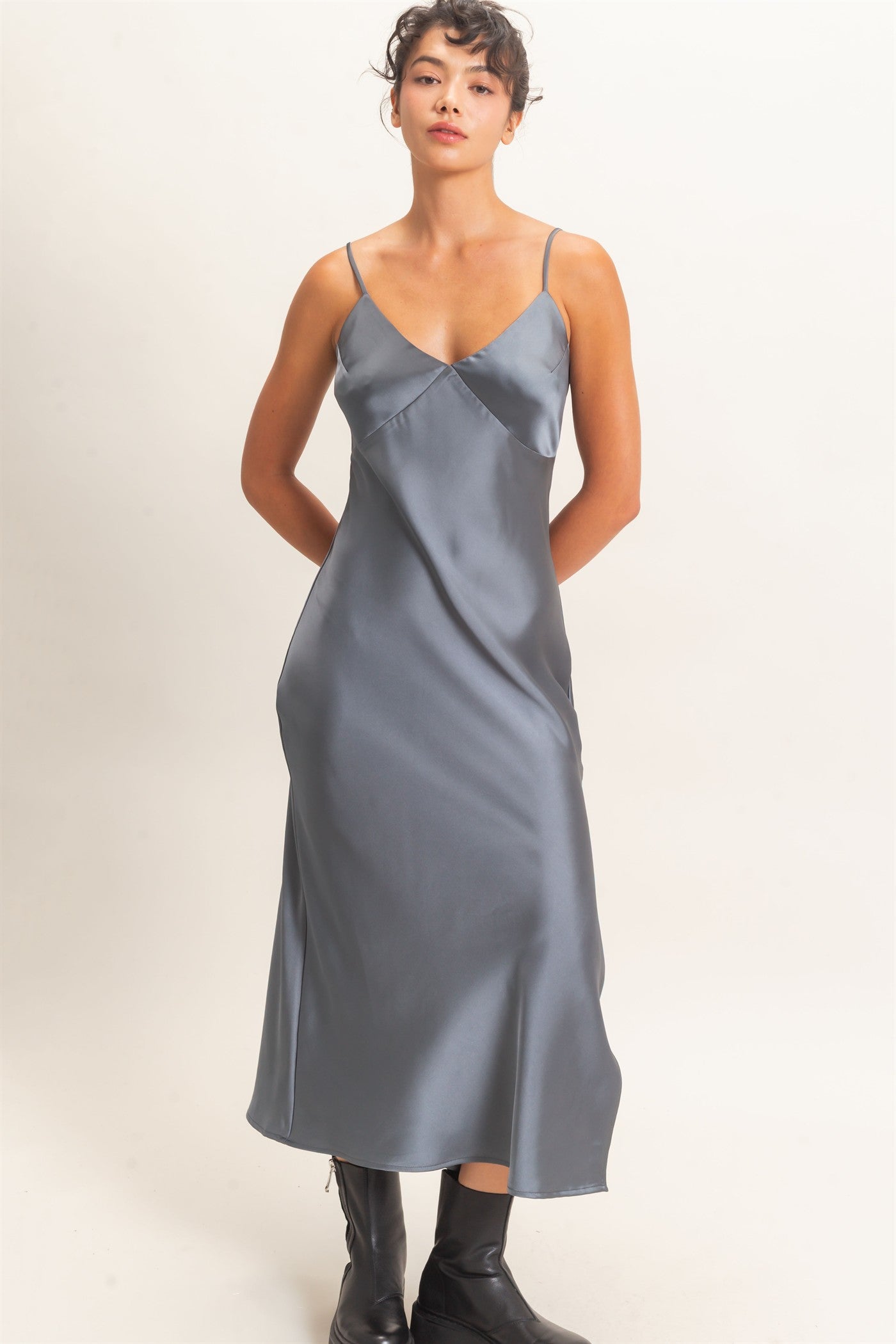 Wholesale Satin V-Neck Slip Dress Dresses DZ26E262 DARK GRAY DOUBLE ZERO
