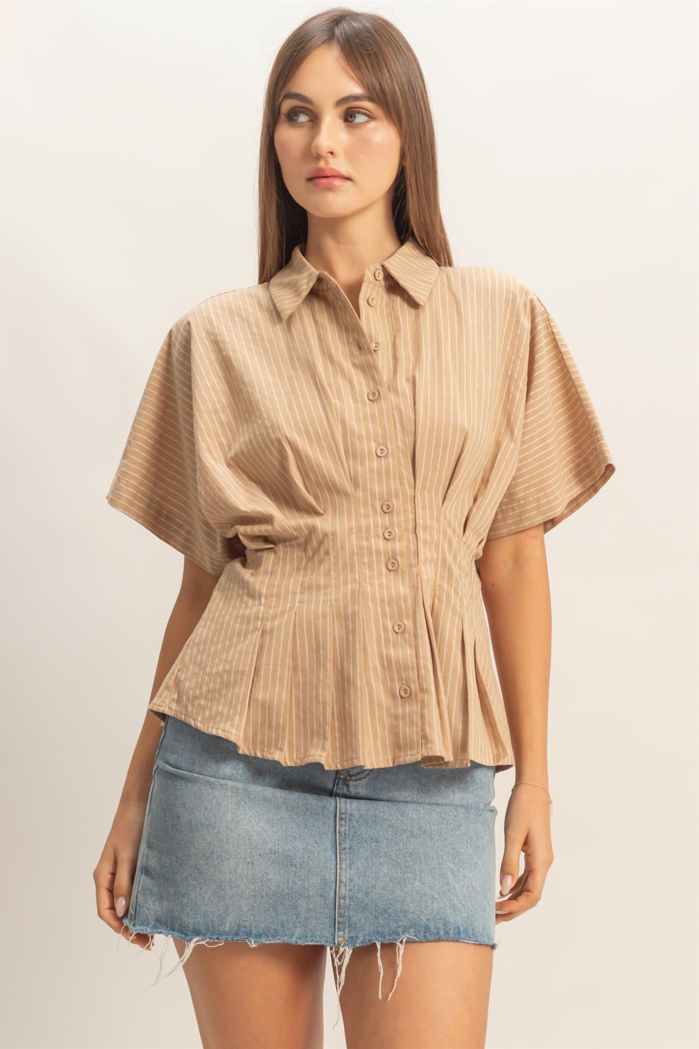 Wholesale Pleated Button-Up Shirt Shirts HF26A092 BEIGE DOUBLE ZERO