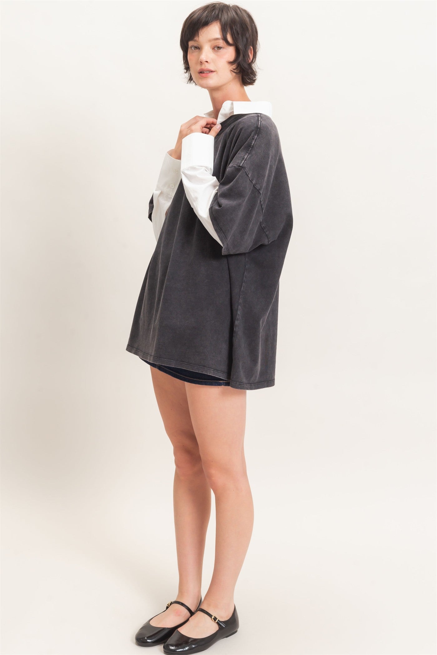 Wholesale Mineral Wash Oversized Crew Neck T-Shirts Clothing Tops DZ26C961 BLACK DOUBLE ZERO