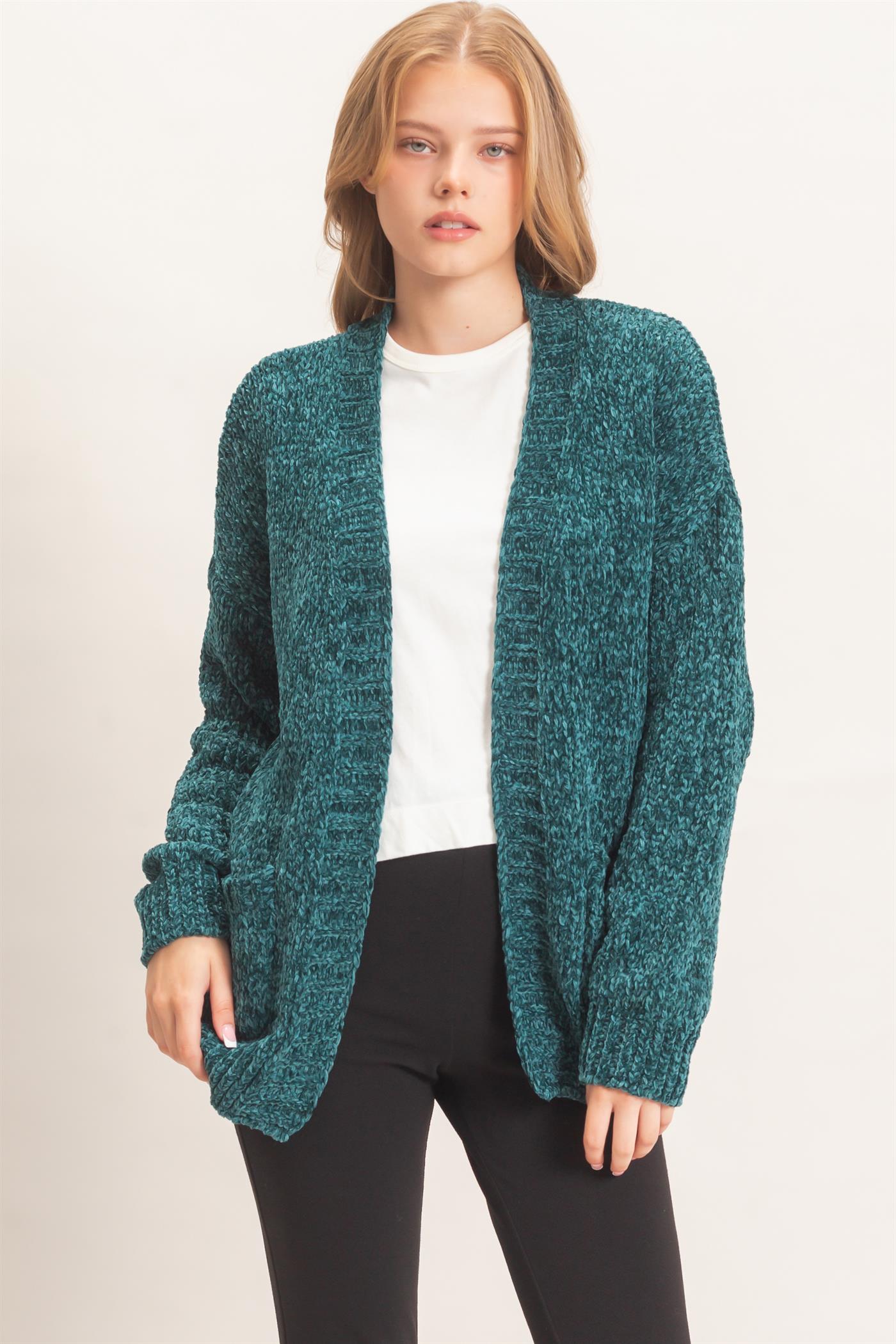 Wholesale Patch Pocket Chenille Cardigan Cardigans HF26E839 EMERALD GREEN HYFVE