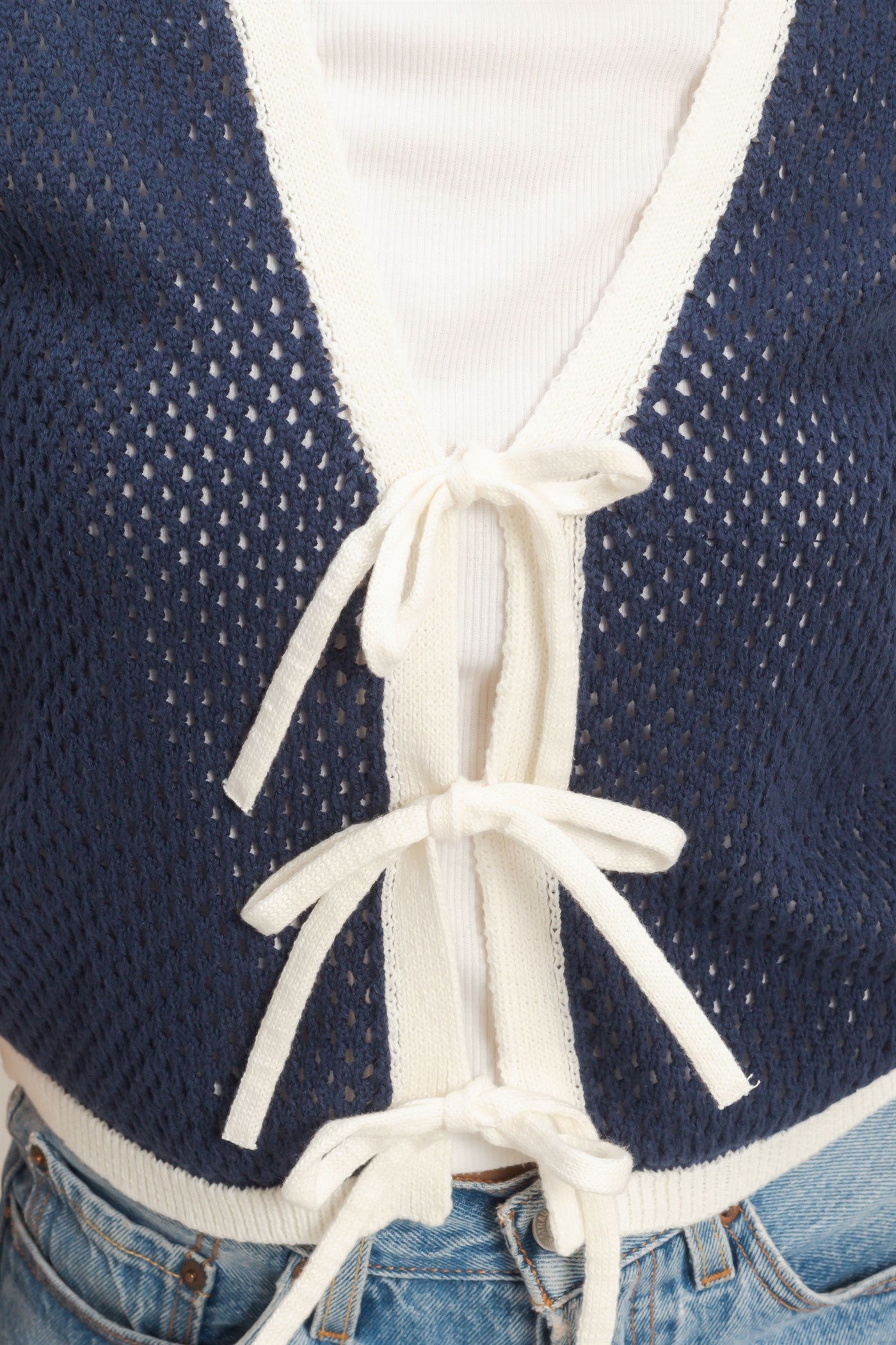 Wholesale Knit Vest With Tie Closure Sweaters HF26A238 NAVY/IVORY HYFVE