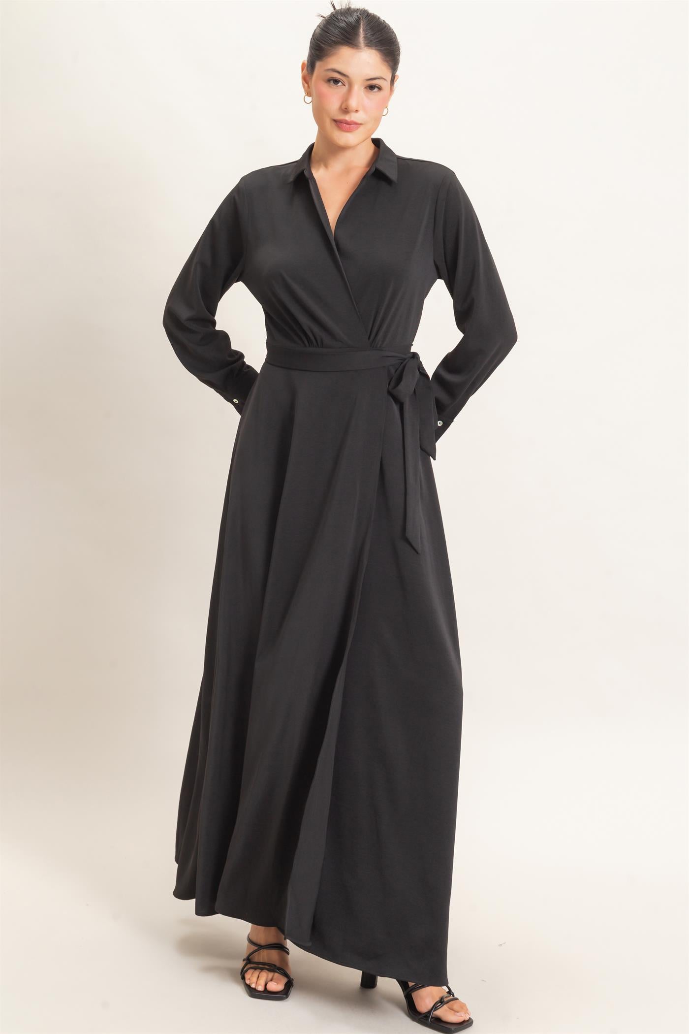 Wholesale Collared Wrap Shirt Dress Dresses HF25E869 BLACK HYFVE