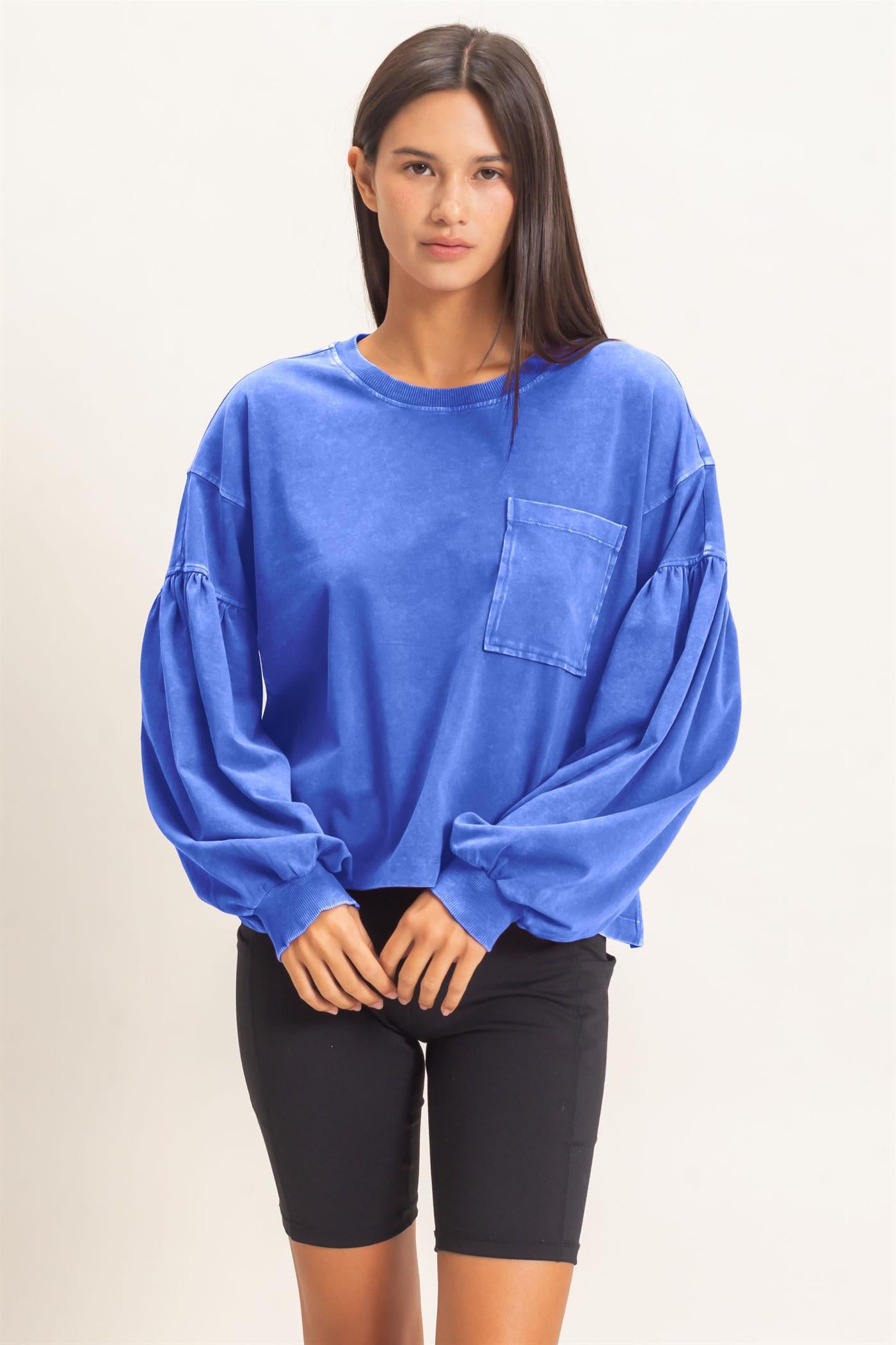 Wholesale Mineral Wash Puff Long Sleeve Boxy Top Clothing Tops DZ26F402 COBALT DOUBLE ZERO
