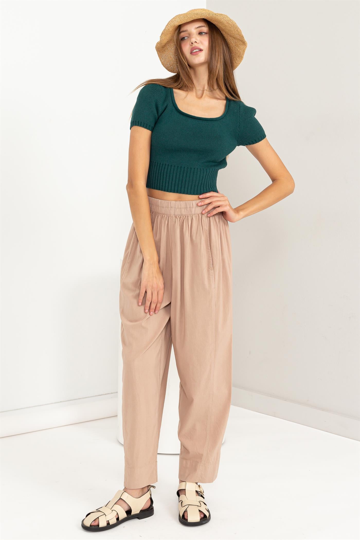 Wholesale Scoop Neck Short Sleeve Knit Top Clothing Tops DZ24A557 PINE GREEN DOUBLE ZERO