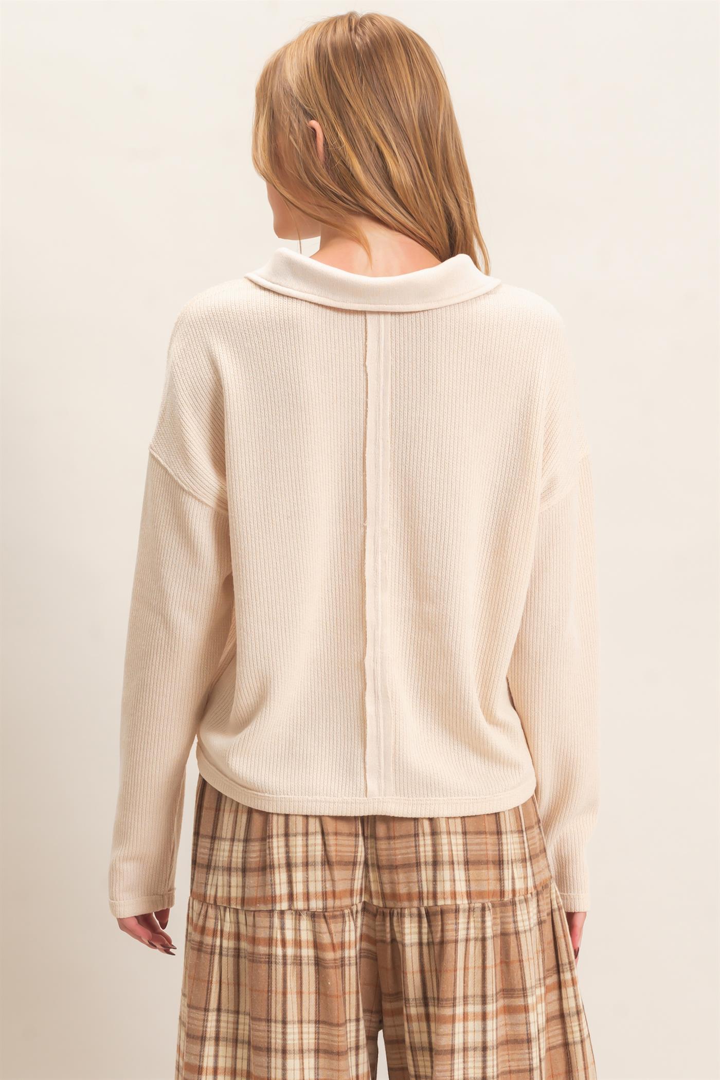 Wholesale Ribbed Collared Pullover Top Clothing Tops HF26E472 CREAM HYFVE