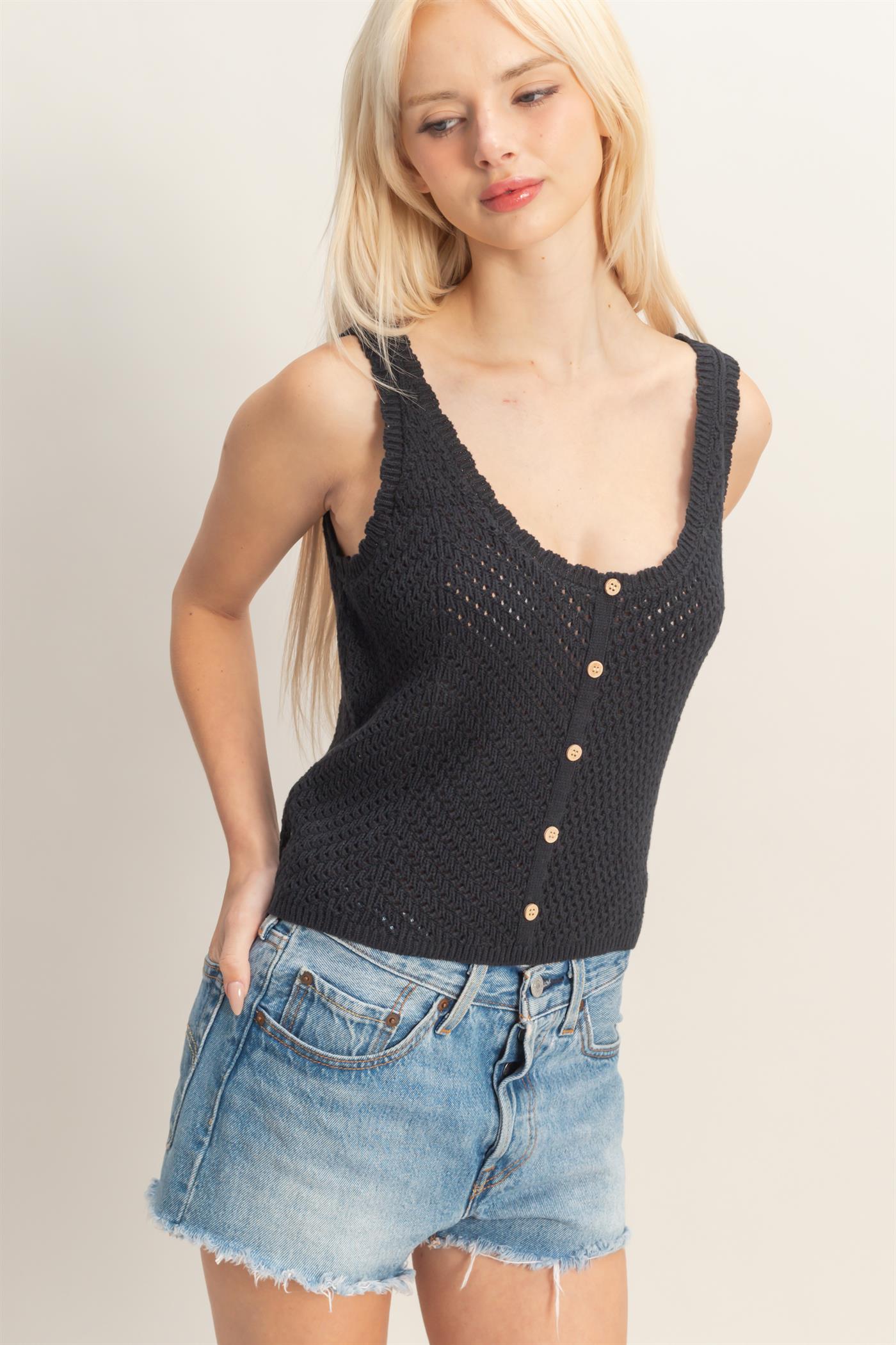 Wholesale Open Knit Scallop Edge Button Front Tank Top Tank Tops DZ26A221 BLACK DOUBLE ZERO