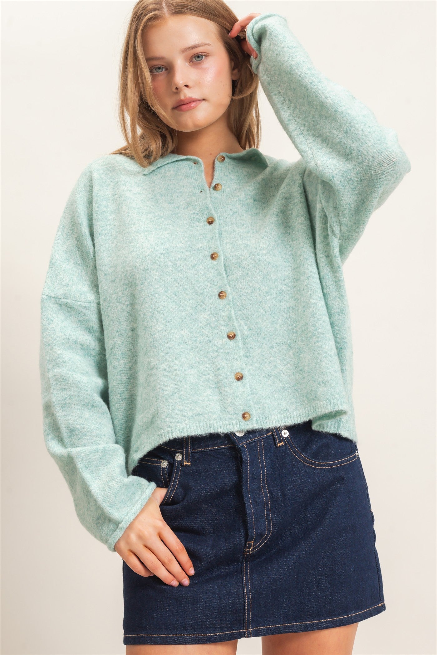 Wholesale Button-Up Collared Sweater Cardigan Cardigans HF26E039 EMERALD GREEN HYFVE
