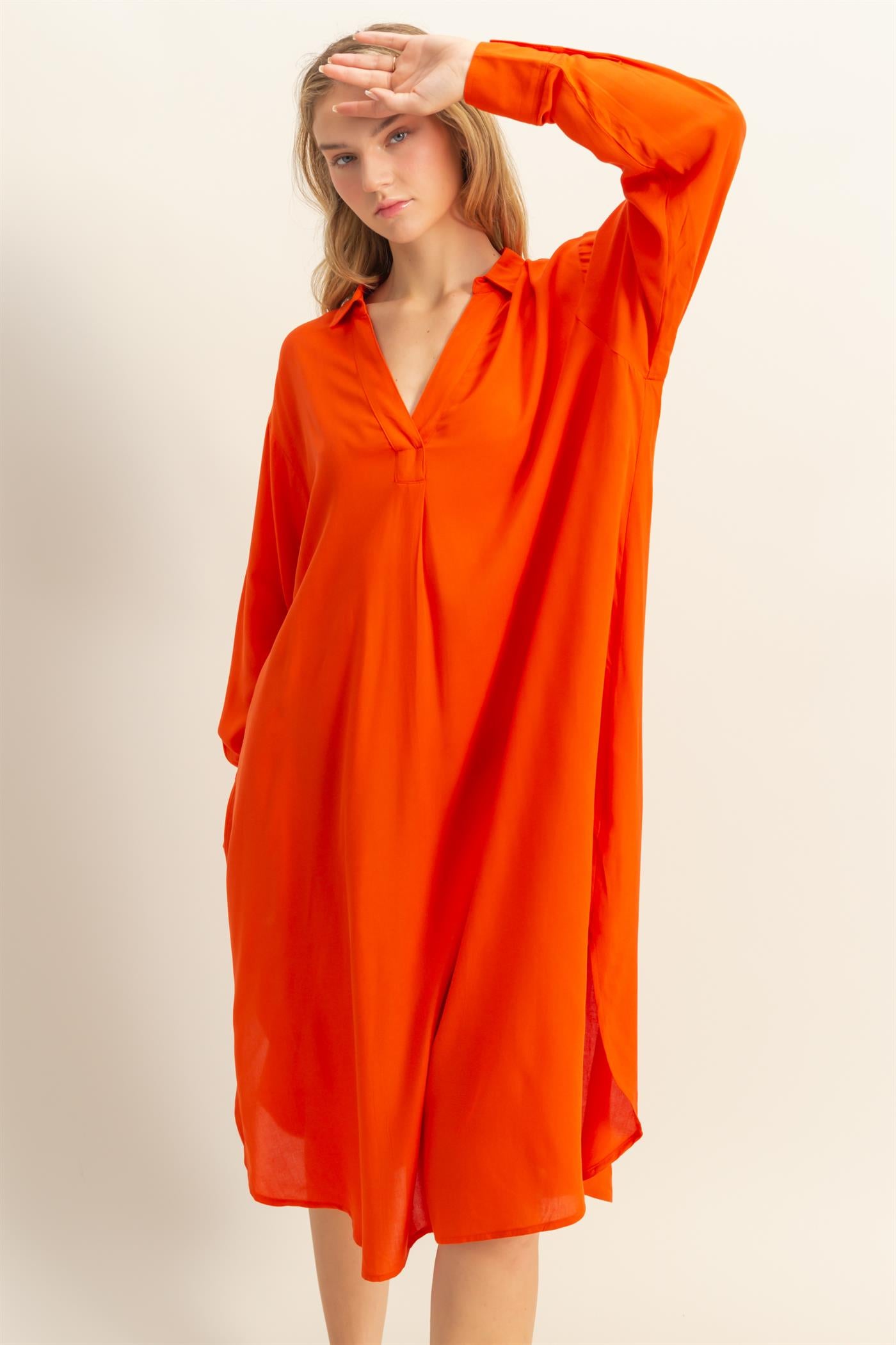 Wholesale V-Neck Long Sleeved Midi Shirts Dress Dresses DZ24E706 TOMATO DOUBLE ZERO