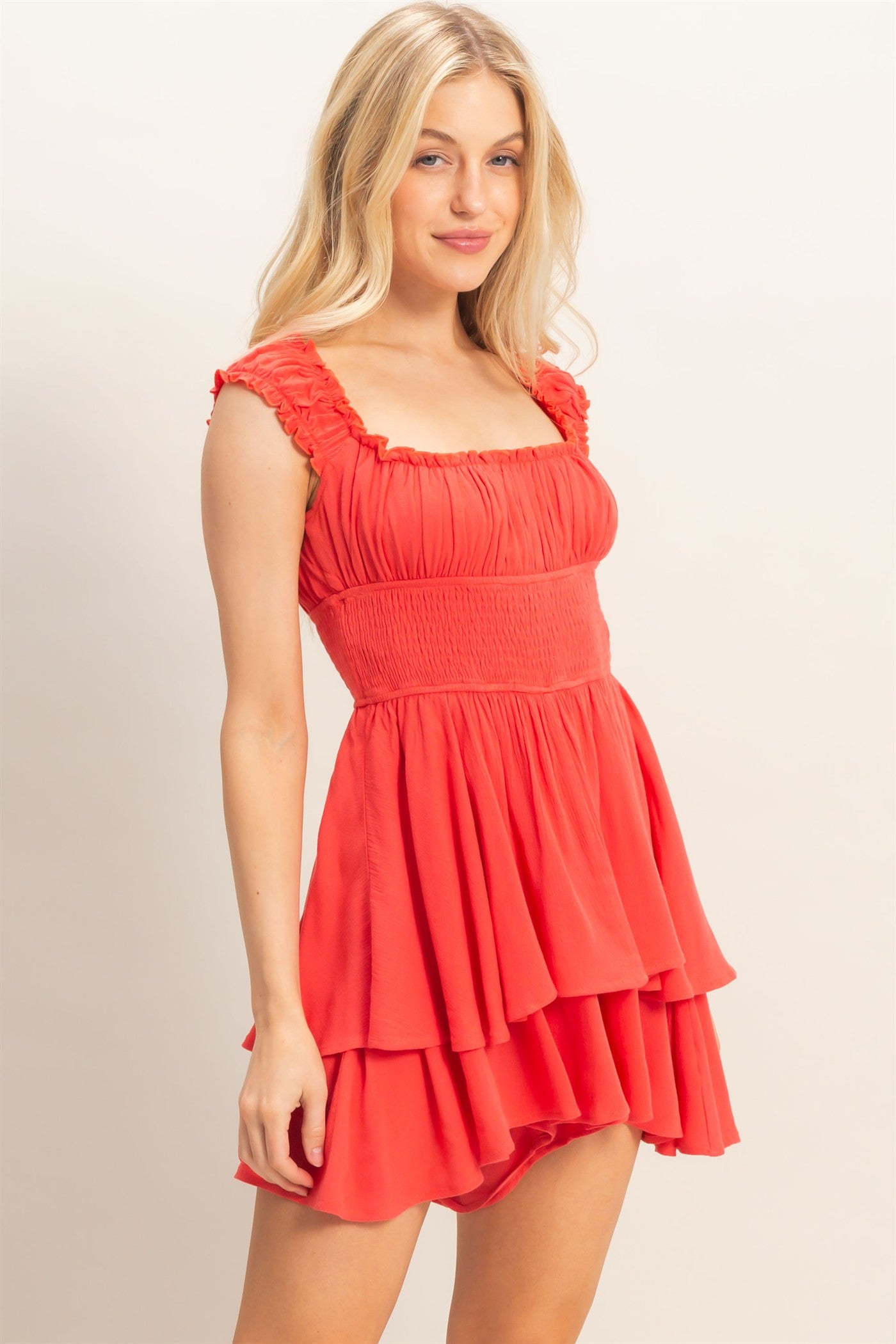 Wholesale Smocked Square Neck Romper Clothing HF26A377 CORAL HYFVE