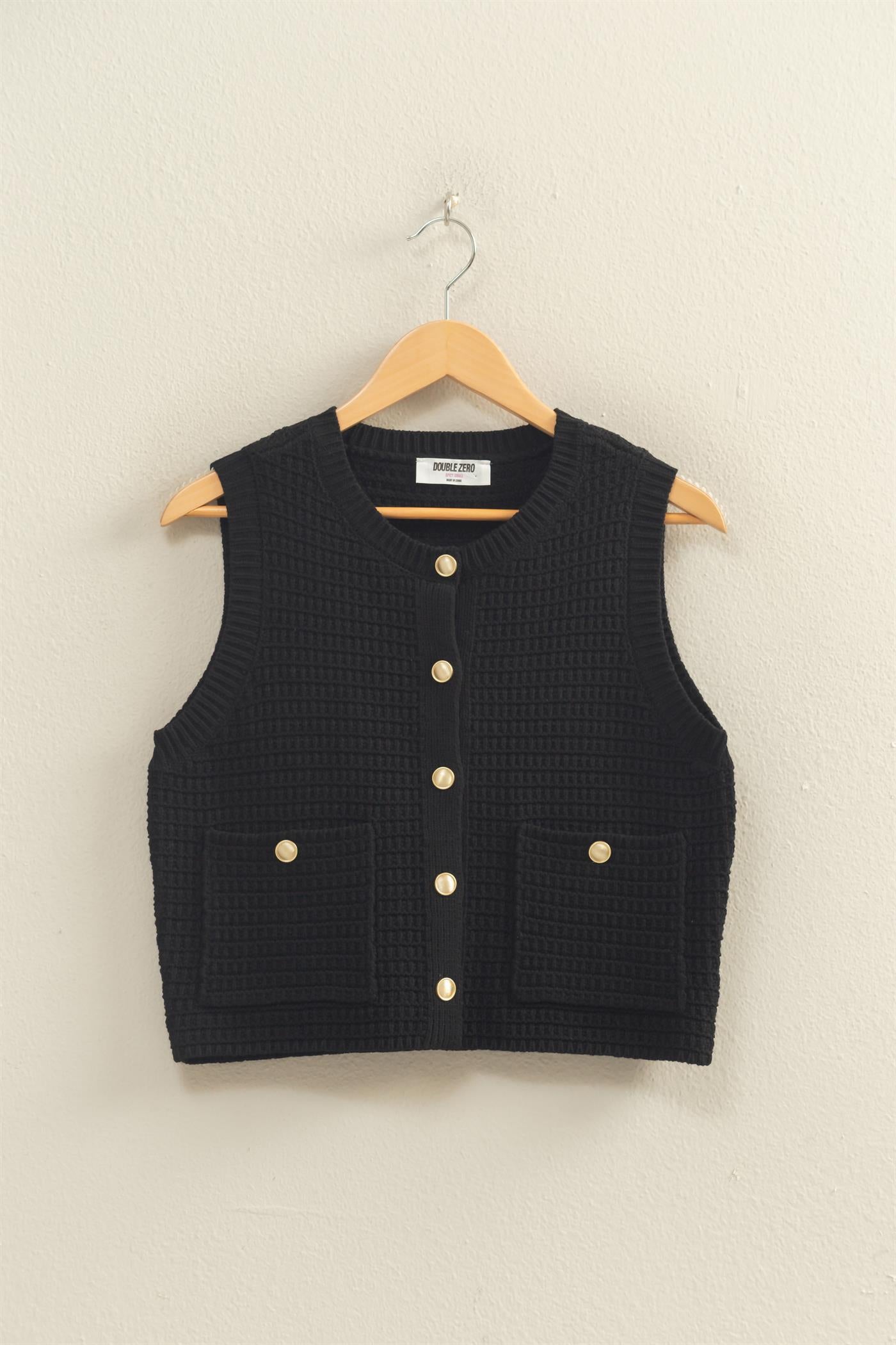 Wholesale Textured Button-Front Vest With Pocket Clothing Tops DZ26A448 BLACK DOUBLE ZERO