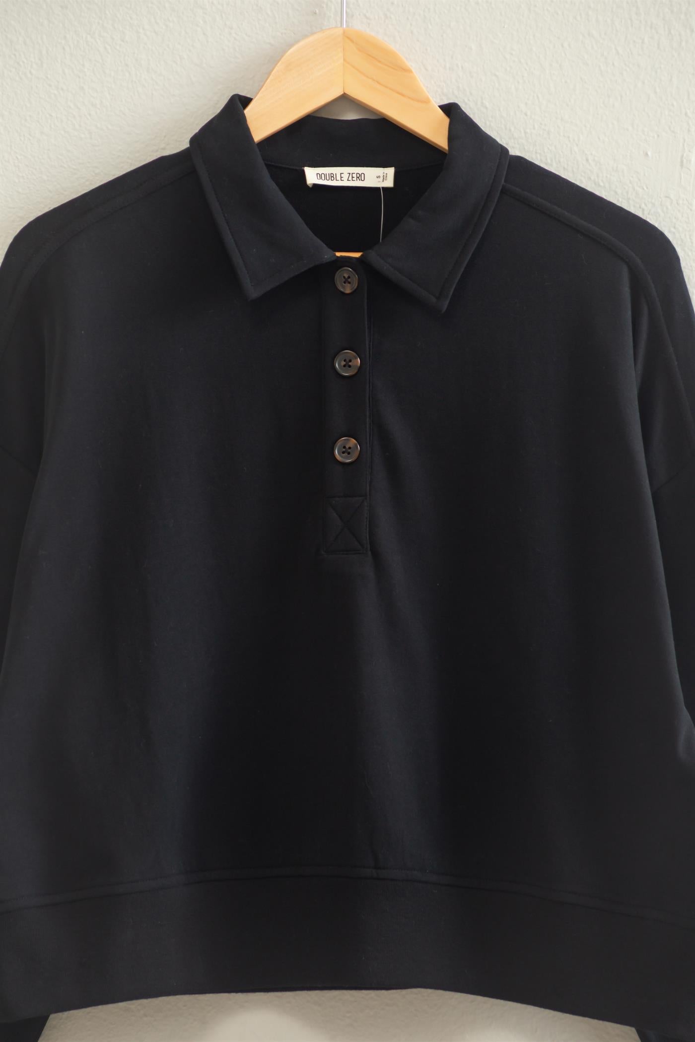 Wholesale Washed Button-Front Collared Sweatshirt Sweatshirts DZ26E390 BLACK DOUBLE ZERO