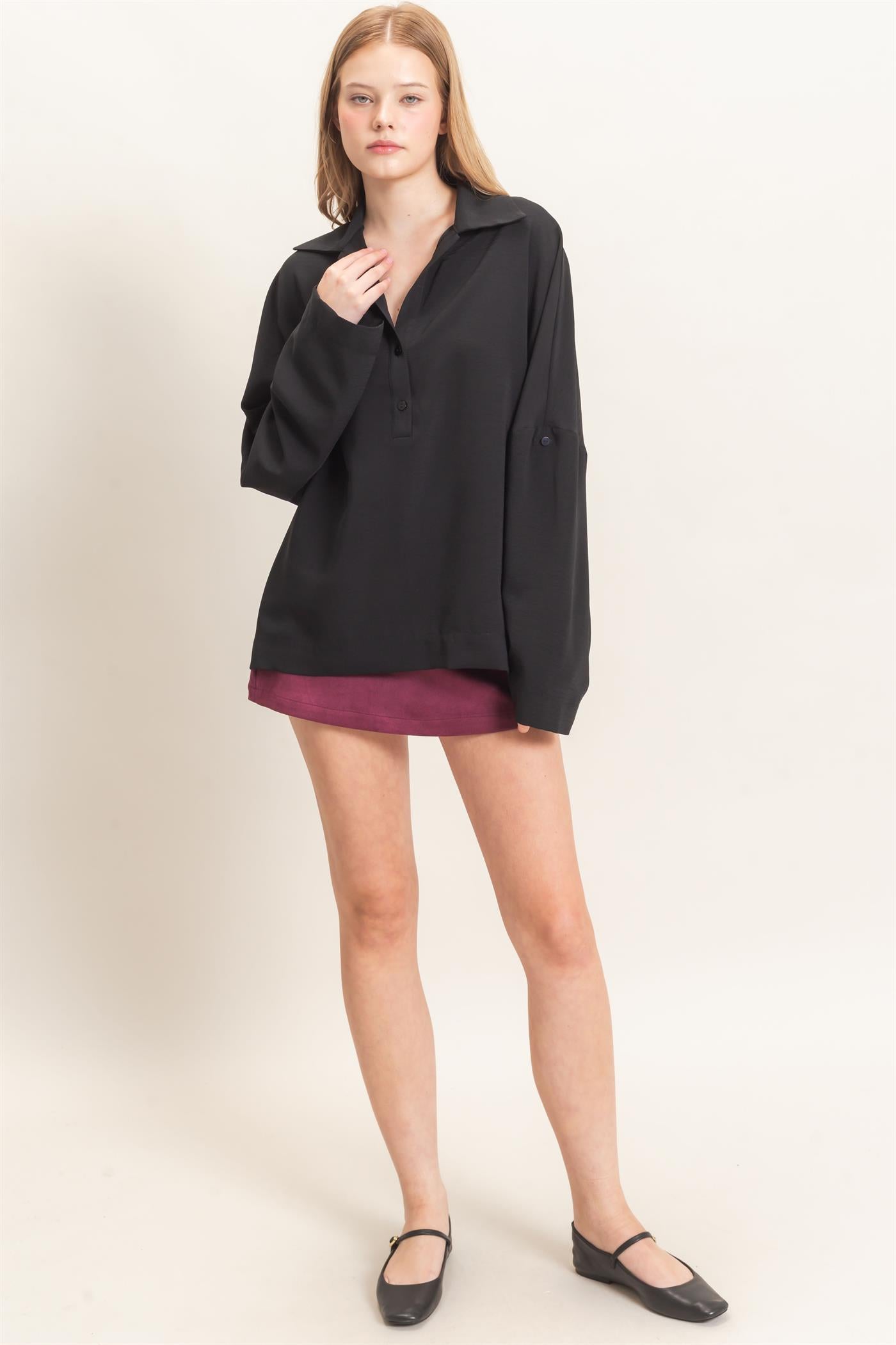 Wholesale Buttoned Collar Split Sleeve Top Clothing Tops HF26F071 BLACK HYFVE