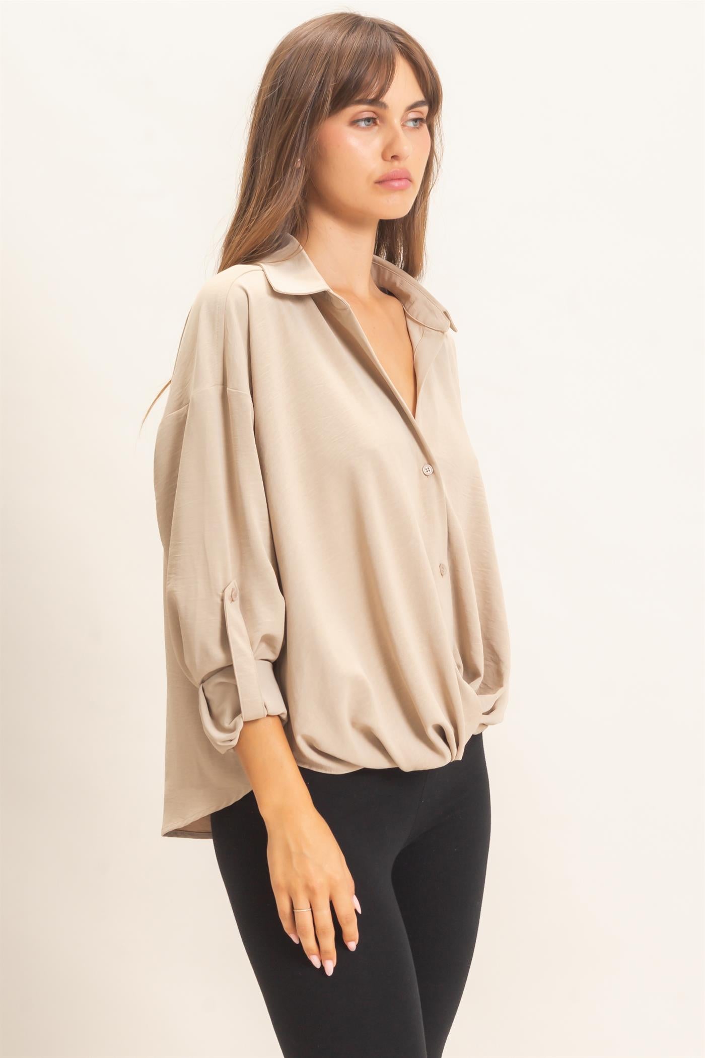 Wholesale Button-Up Dolman Sleeve Top Shirts HF26F070 BEIGE HYFVE