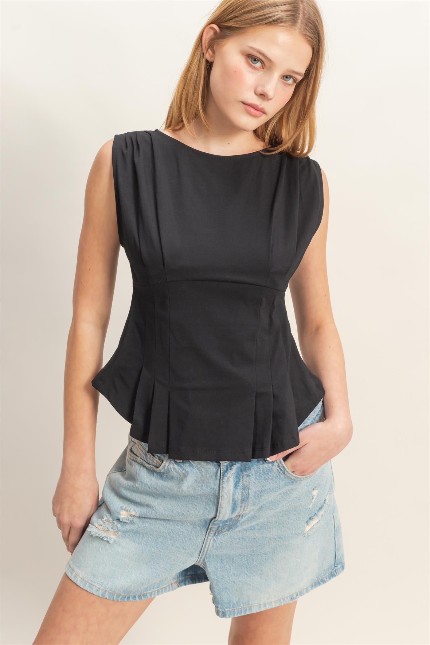 Wholesale Sleeveless Peplum Top Clothing Tops HF26A773 BLACK HYFVE