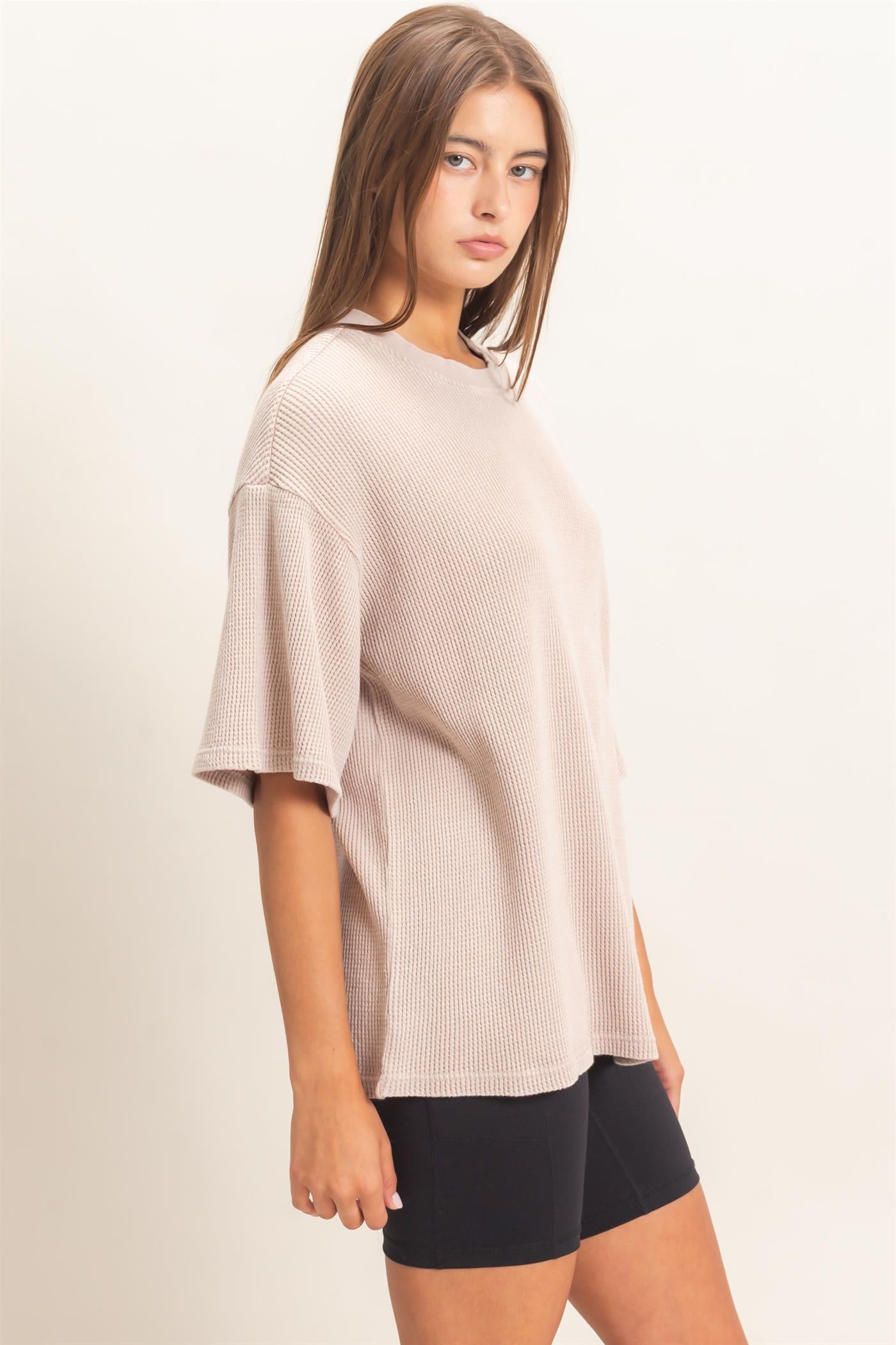 Wholesale Mineral Wash Waffle Crew Neck Short Sleeve Top Clothing Tops DZ26E328 LIGHT TAUPE DOUBLE ZERO