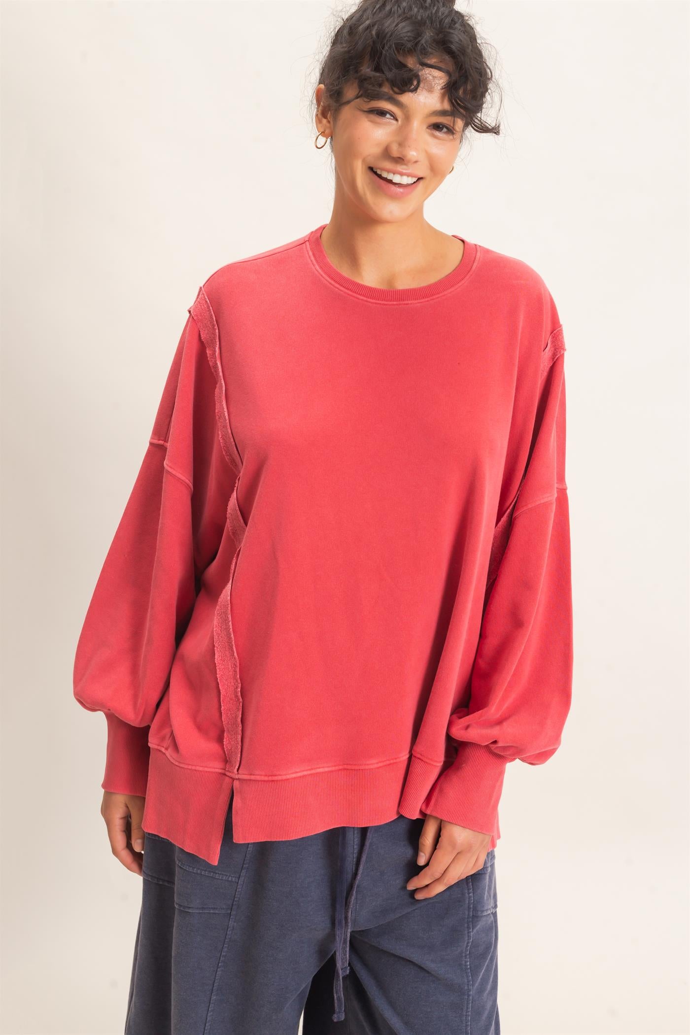 Wholesale Pigment  Dye Oversized Raw Edge Sweatshirt Sweatshirts DZ26C737 DARK RED DOUBLE ZERO