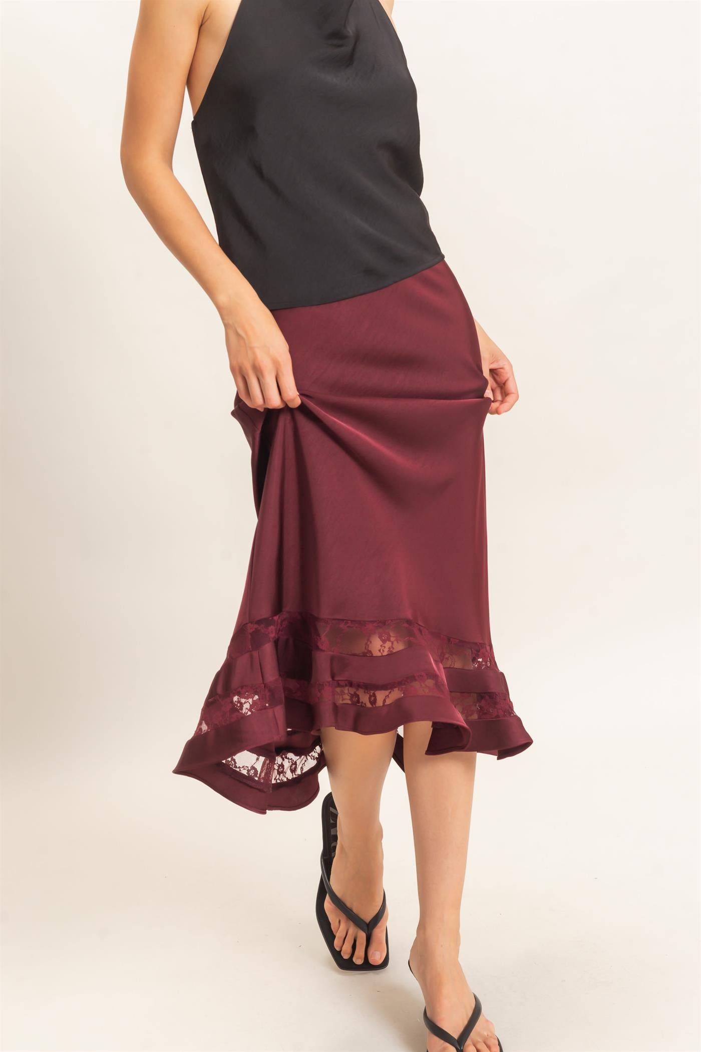 Wholesale Bias Cut Satin Skirt With Lace Hem Skirts HF26E306 BURGUNDY HYFVE