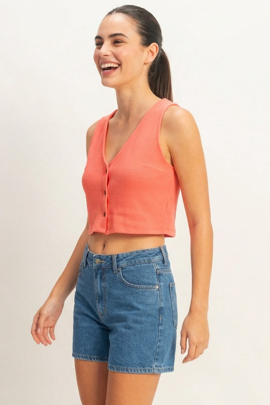 Wholesale Waffle Knit Button Down Sleeveless Vest Vests DZ25C154 CORAL DOUBLE ZERO