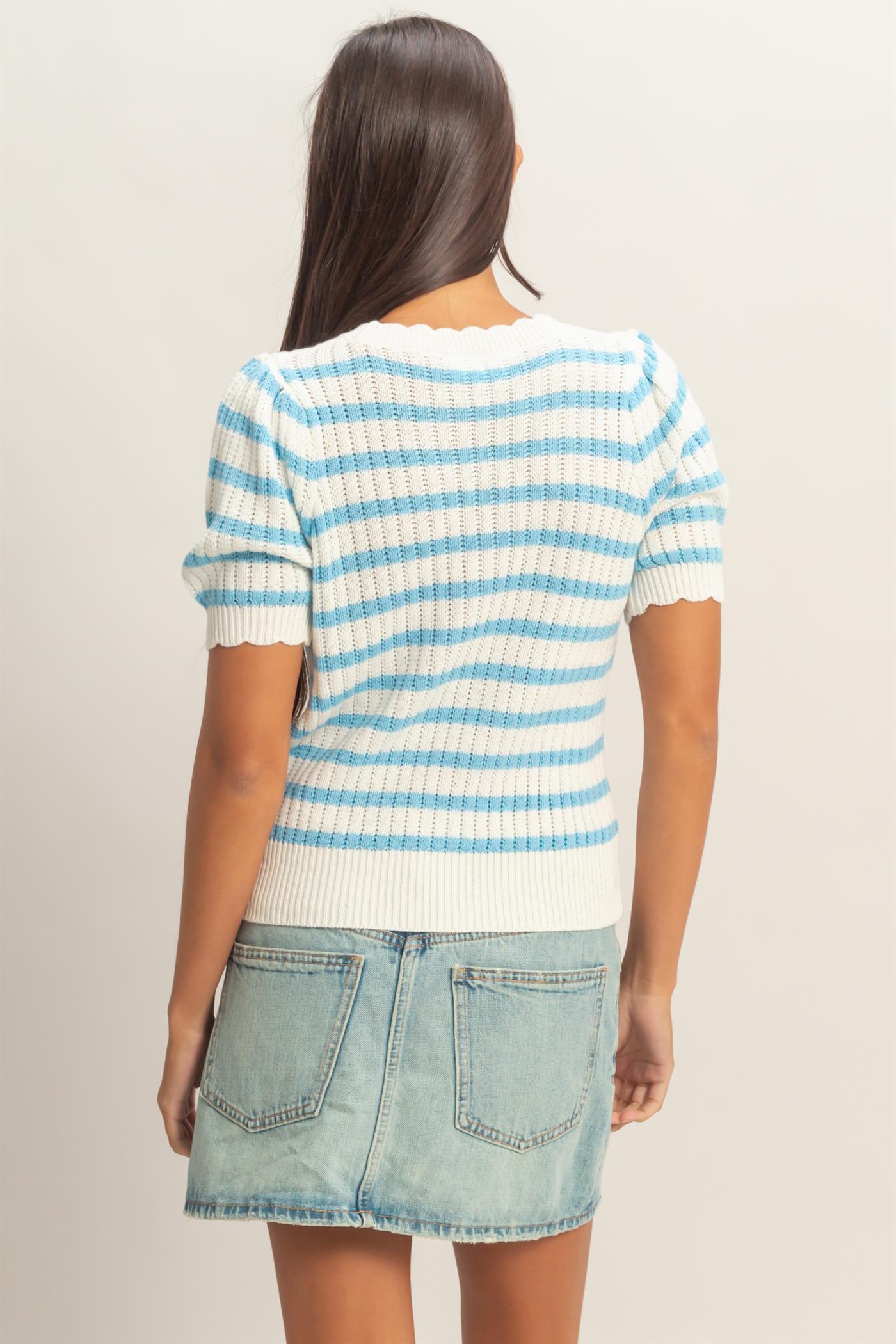 Wholesale Striped Scallop Edge Puff Sleeve Knit Top Shirts DZ26A284 BLUE DOUBLE ZERO