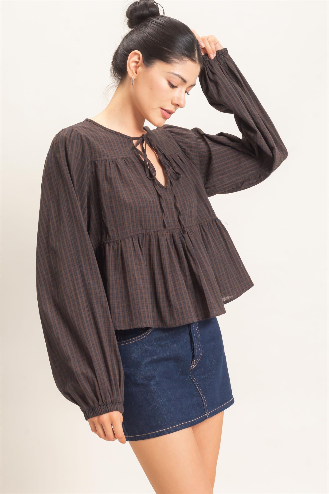Wholesale Checkered Tie Neck Top Clothing Tops HF26E732 BROWN HYFVE