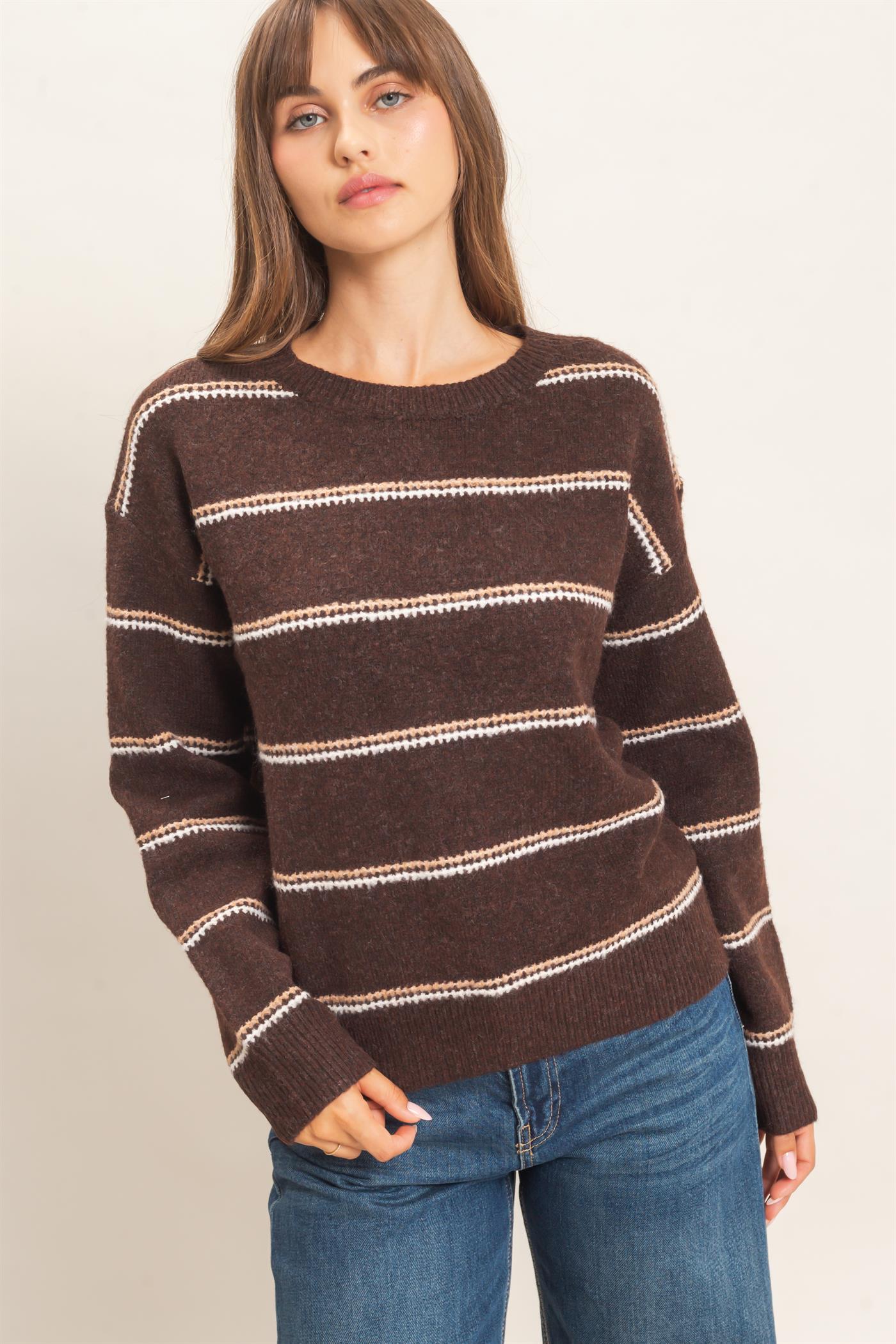 Wholesale Striped Crew Neck Sweater Sweaters HF26E696-D BROWN HYFVE