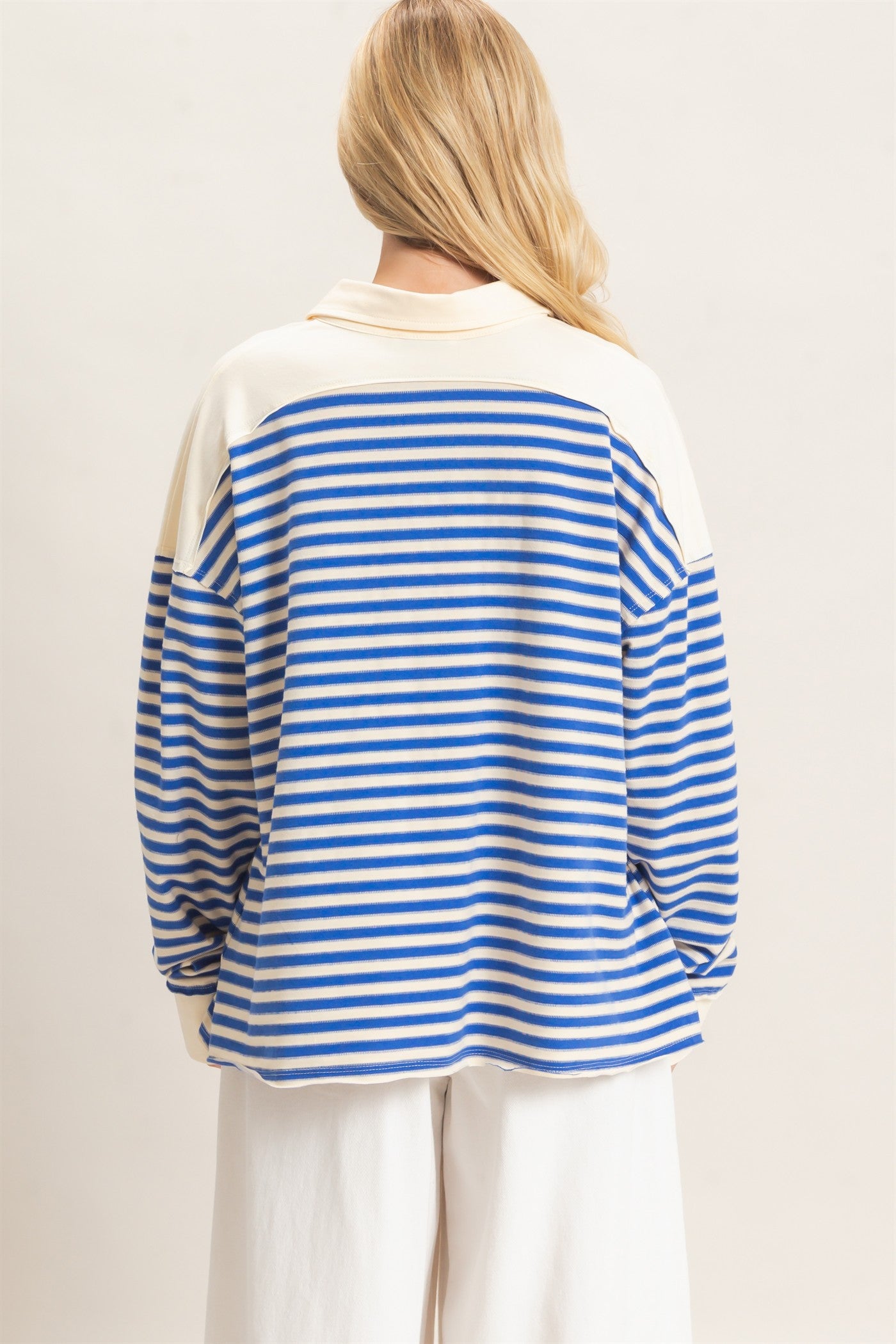 Wholesale Striped Henley Sweatshirt Clothing Tops HF26F089 BLUE HYFVE