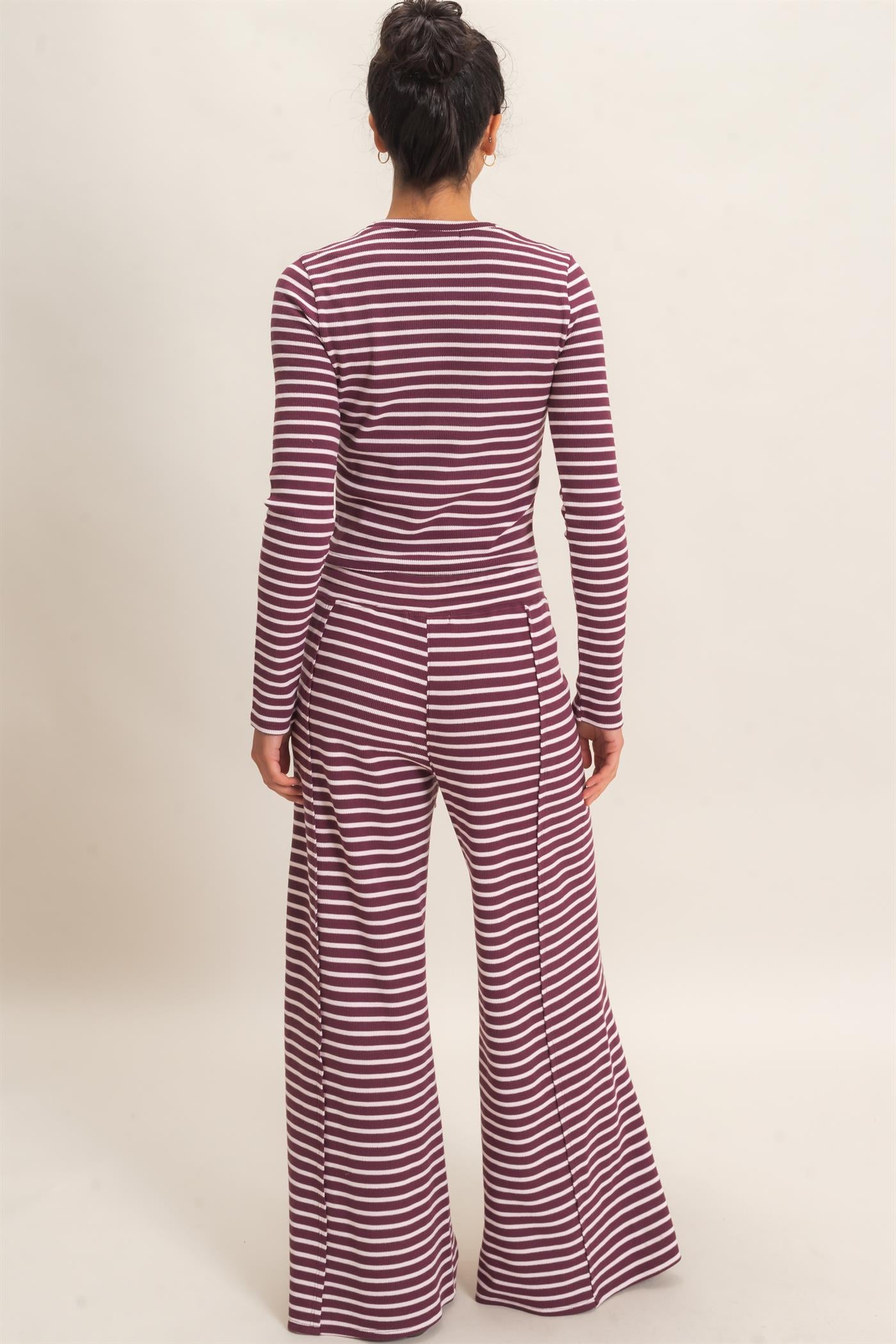 Wholesale Striped Waffle Long Sleeve Top & Pants Set Clothing DZ25F479-SET DARK CHERRY DOUBLE ZERO