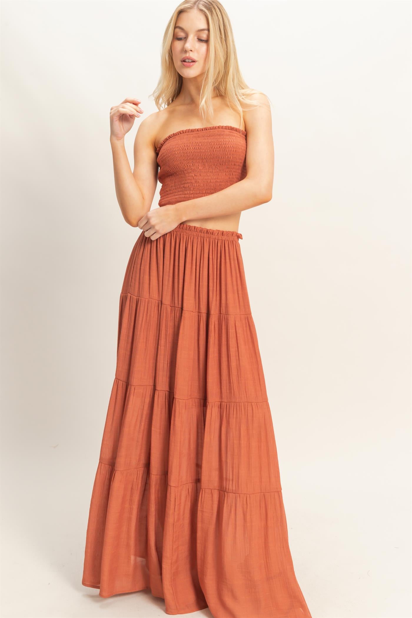 Wholesale Smocked Tube Top & Tiered Skirt Set Clothing HF26C289-SET-D RUST HYFVE