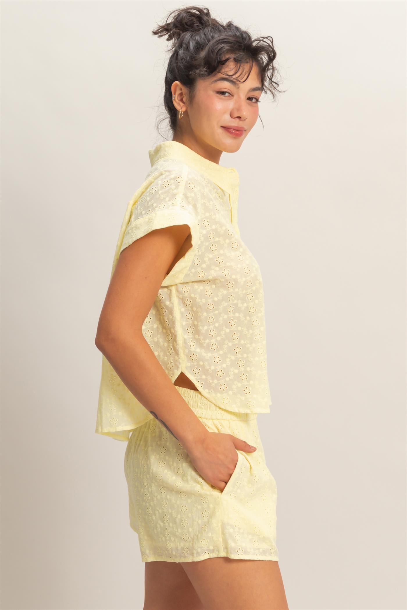 Wholesale Eyelet Dolman Short Sleeve Button Up Shirt Clothing Tops DZ26C088 PALE YELLOW DOUBLE ZERO